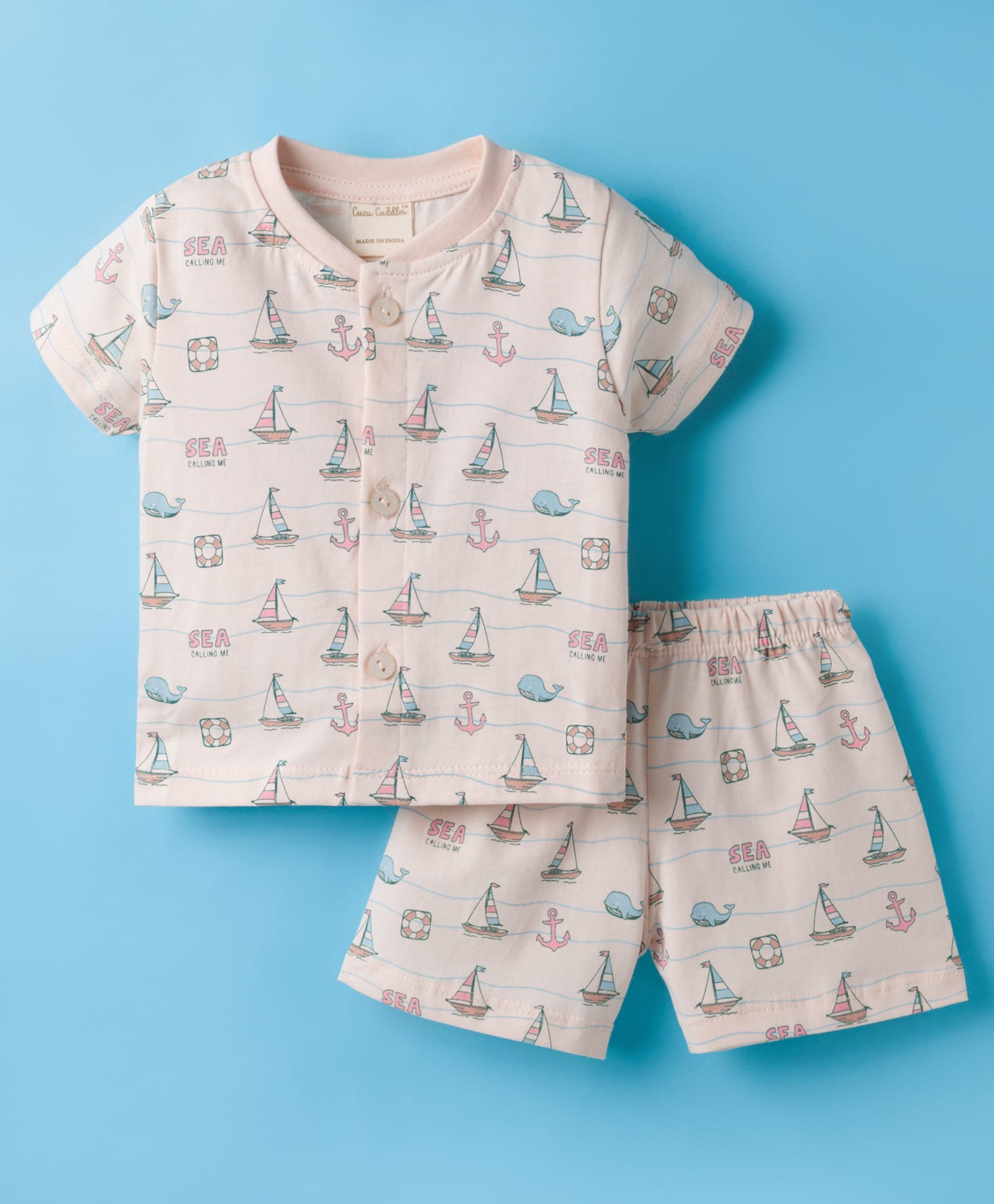 CUCUMBER Knitted Nautical Theme Printed T-Shirt & Shorts Co-Ord Night Suit Set - Baby Pink-picture-27