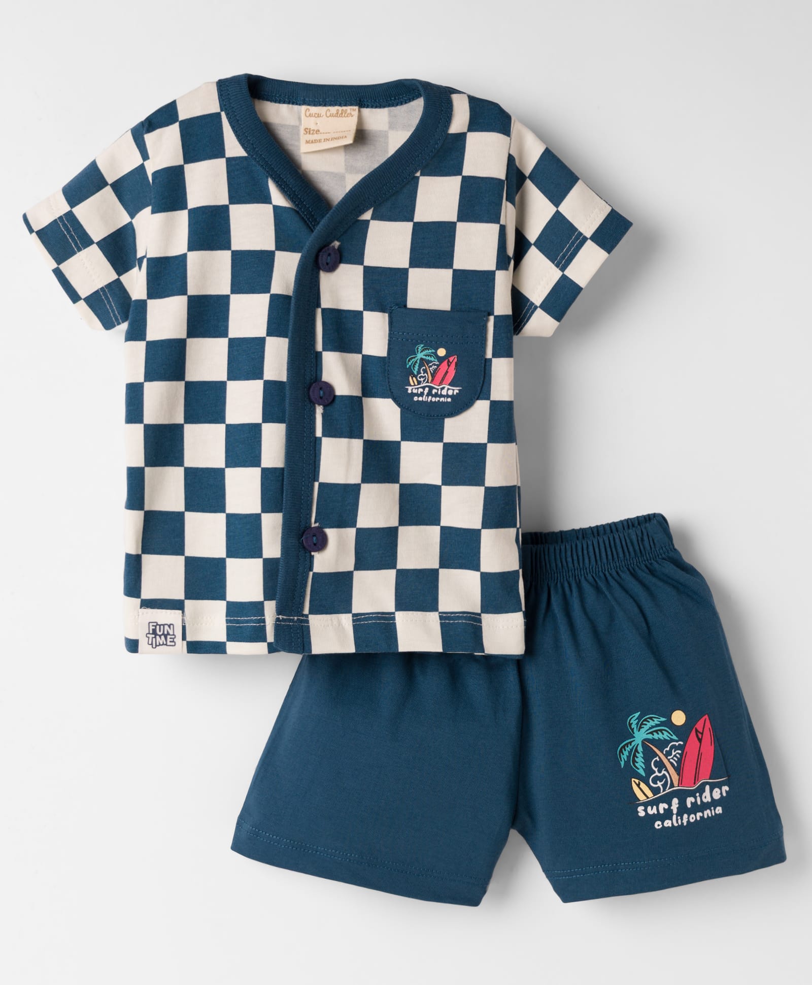 CUCUMBER Knitted Half Sleeves T-Shirt & Shorts Night Suit With Surf Theme Print - Blue-picture-18