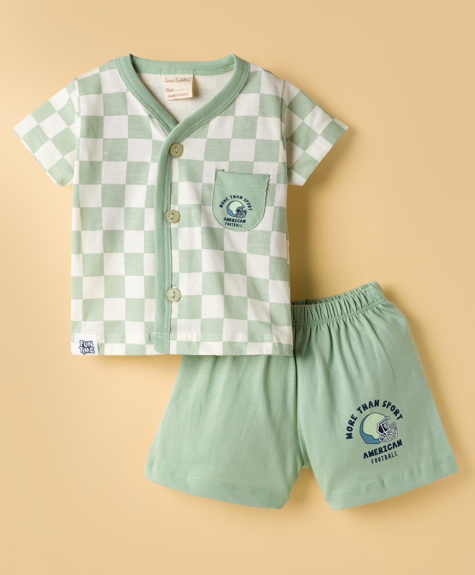 CUCUMBER Knitted Half Sleeves T-Shirt & Shorts Night Suit With Football Print - Light Green-picture-48