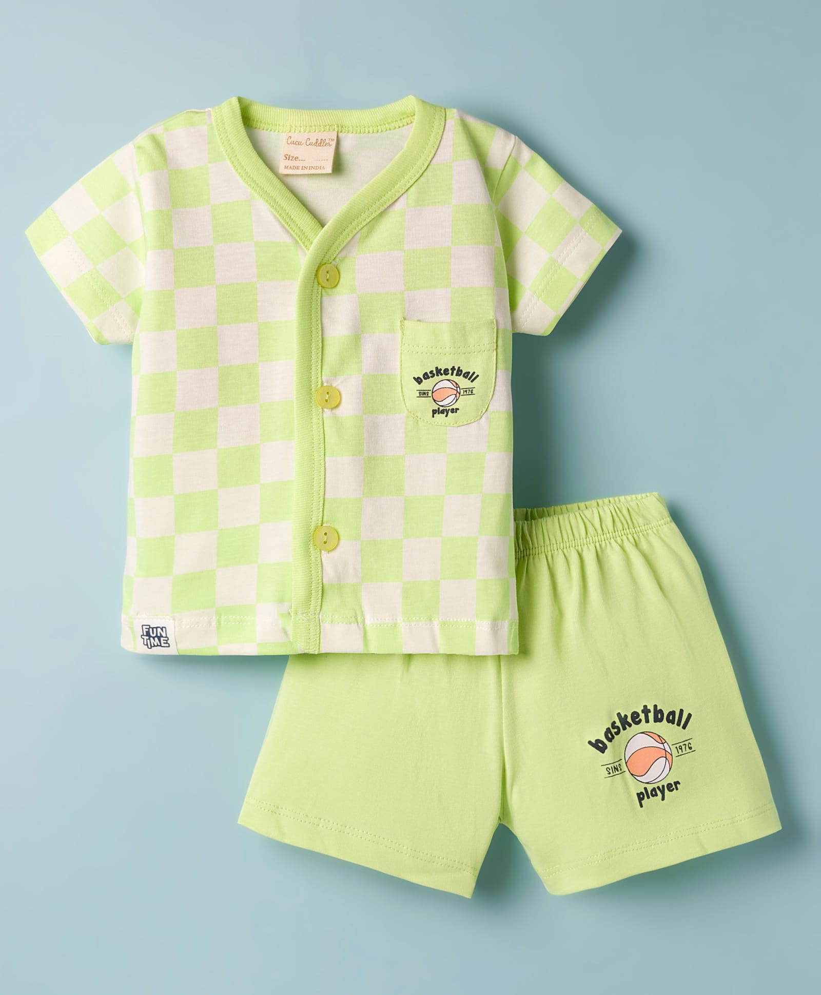 CUCUMBER Knitted Half Sleeves T-Shirt & Shorts Night Suit With Bear Print - Neon Green-image-33