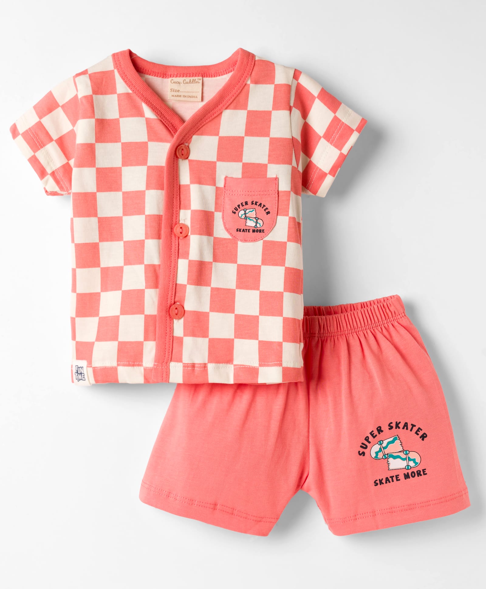 CUCUMBER Knitted Half Sleeves T-Shirt & Shorts Night Suit With Skateboard Print - Red-picture-14