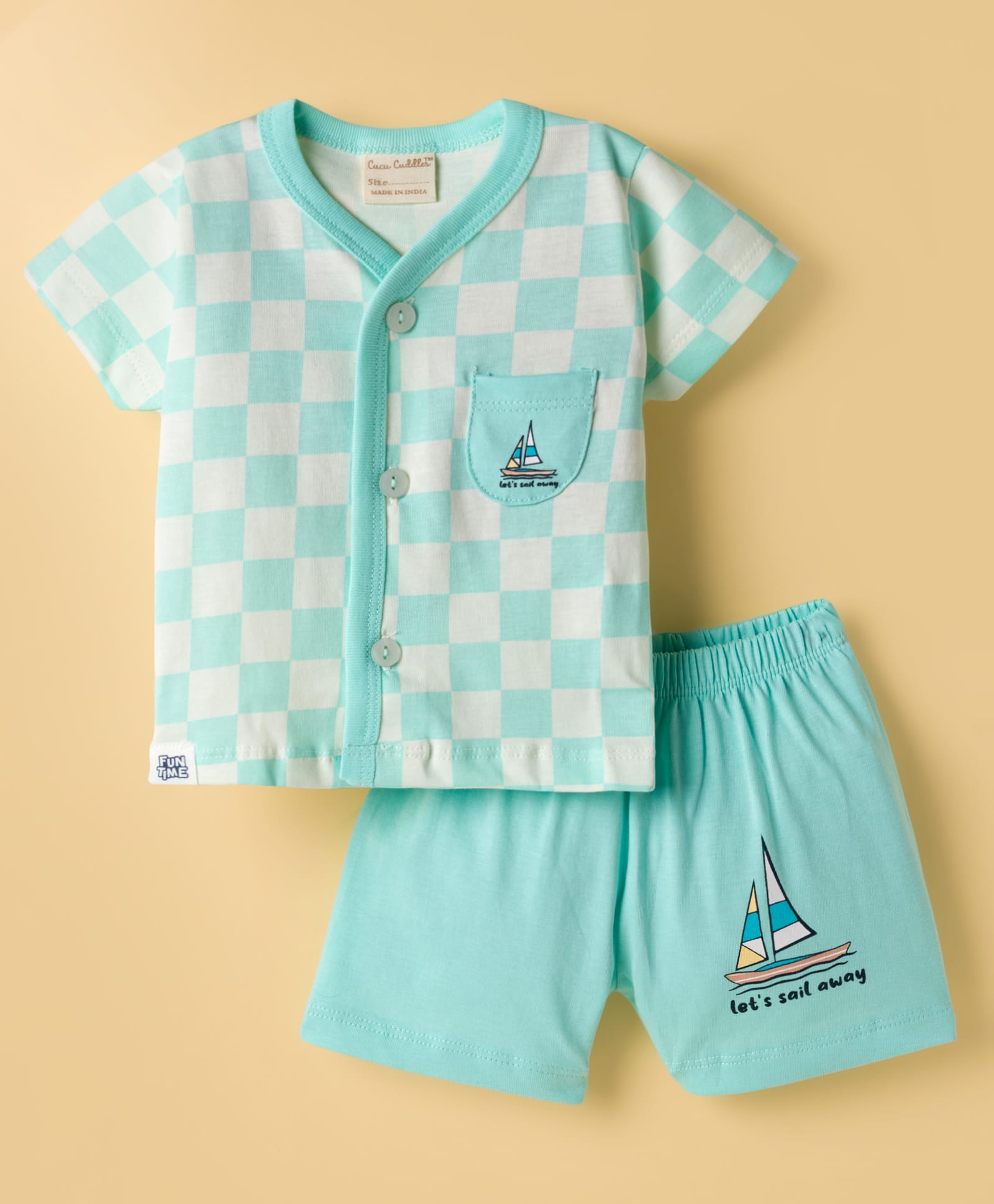 CUCUMBER Knitted Half Sleeves T-Shirt & Shorts Night Suit With Nautical Theme Print - Mint Green-image-37