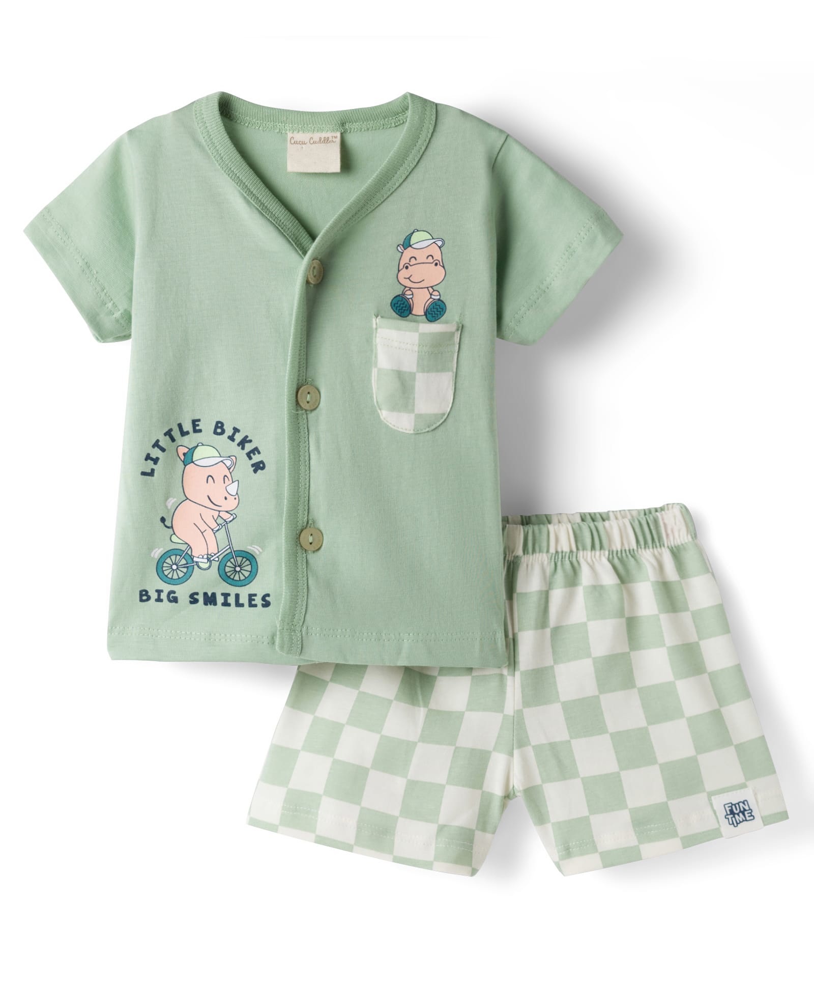 CUCUMBER Knitted Half Sleeves T-Shirt & Shorts Night Suit With Hippo Print - Sea Green-picture-44