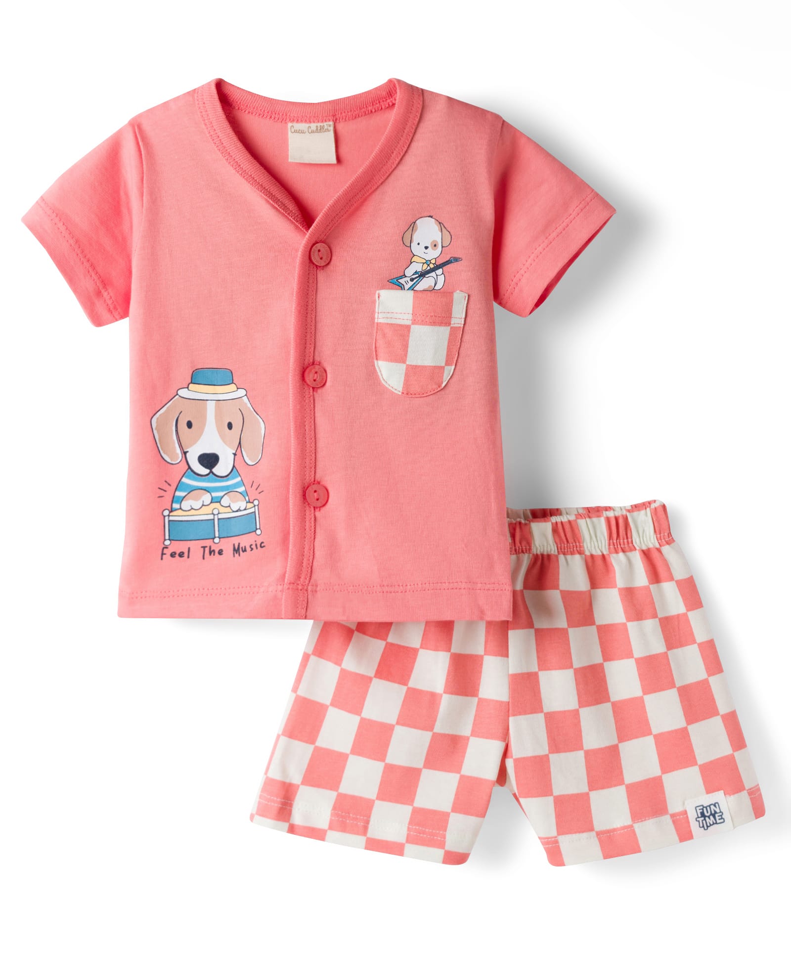 CUCUMBER Knitted Half Sleeves T-Shirt & Shorts Night Suit With Dog Print - Coral-image-27