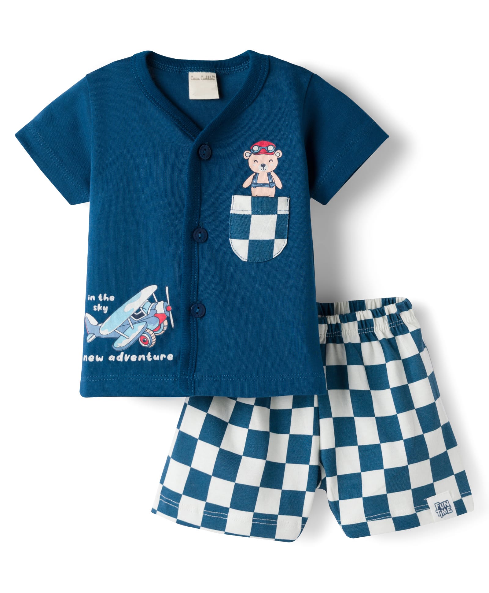 CUCUMBER Knitted Half Sleeves T-Shirt & Shorts Night Suit With Bear Print - Navy Blue-picture-23
