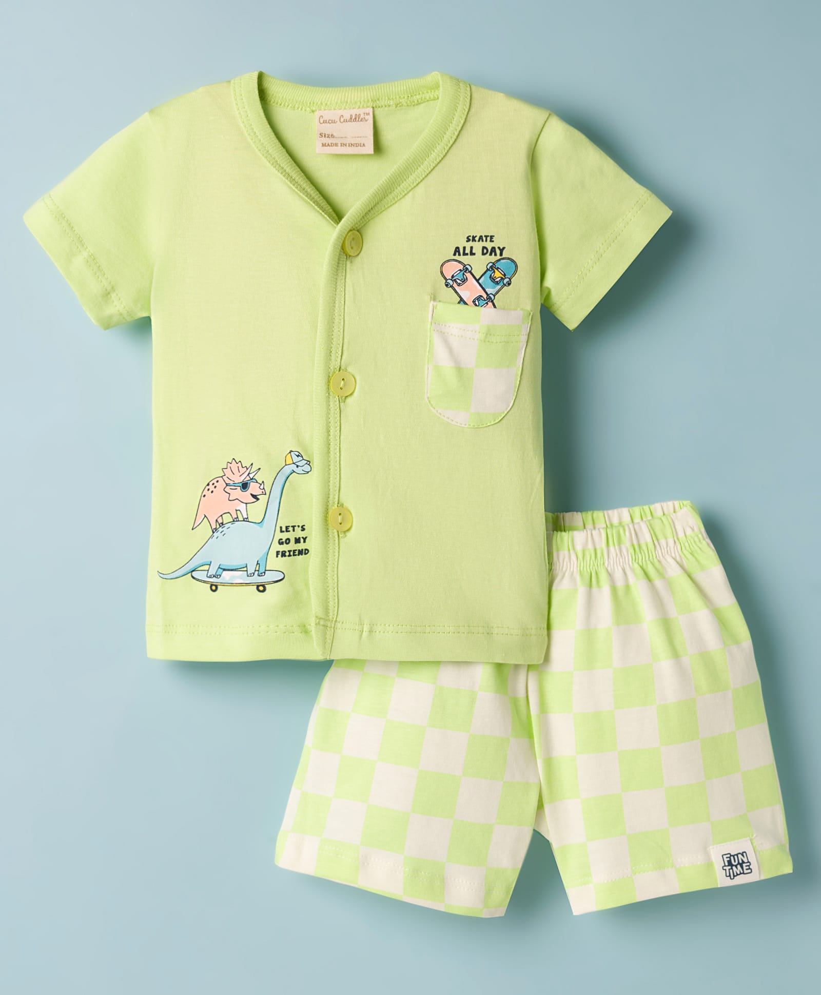 CUCUMBER Knitted Half Sleeves T-Shirt & Shorts Night Suit With Dino Print - Neon Green-picture-38