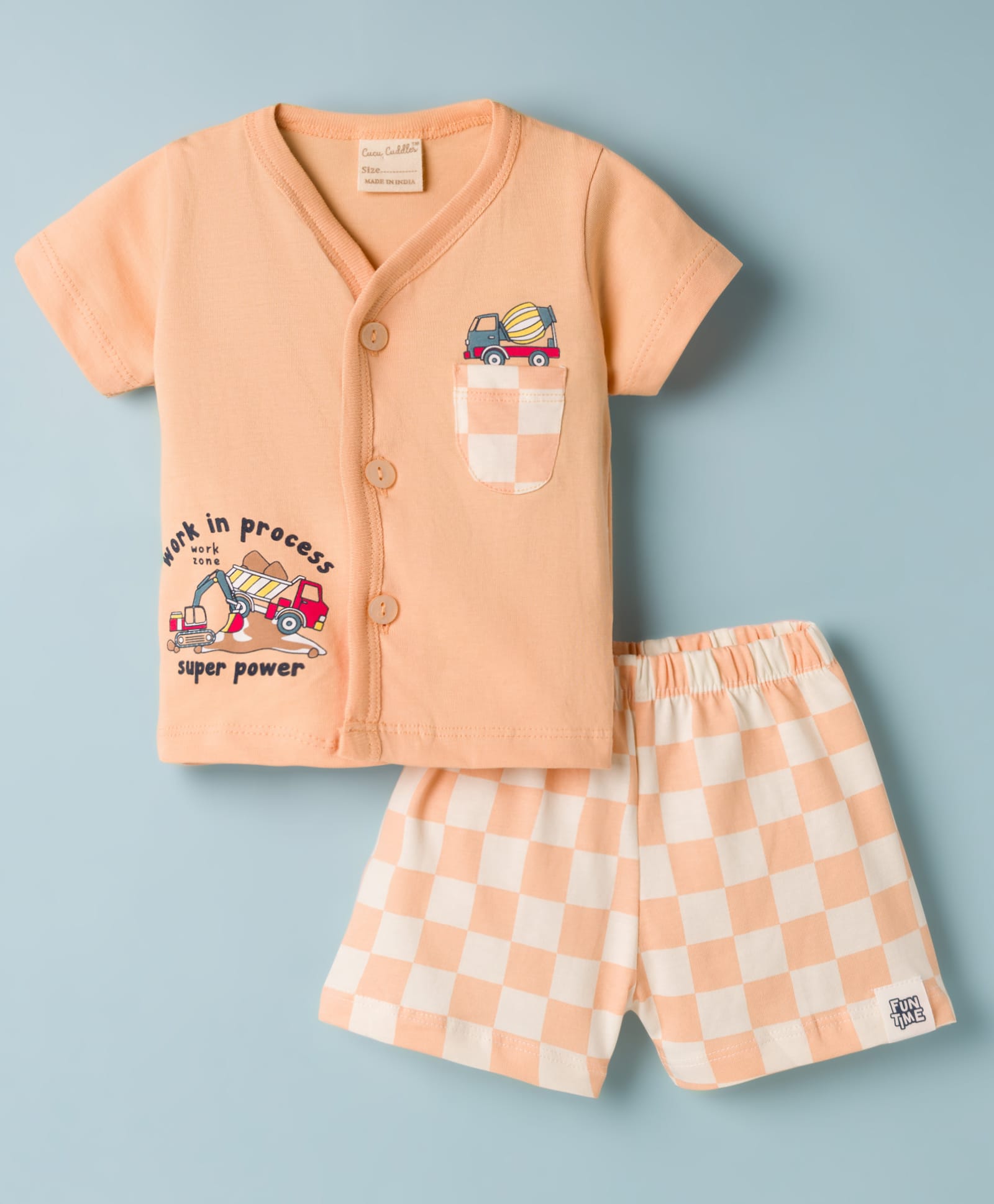 CUCUMBER Knitted Half Sleeves T-Shirt & Shorts Night Suit With Vehicle Print - Peach-image-47
