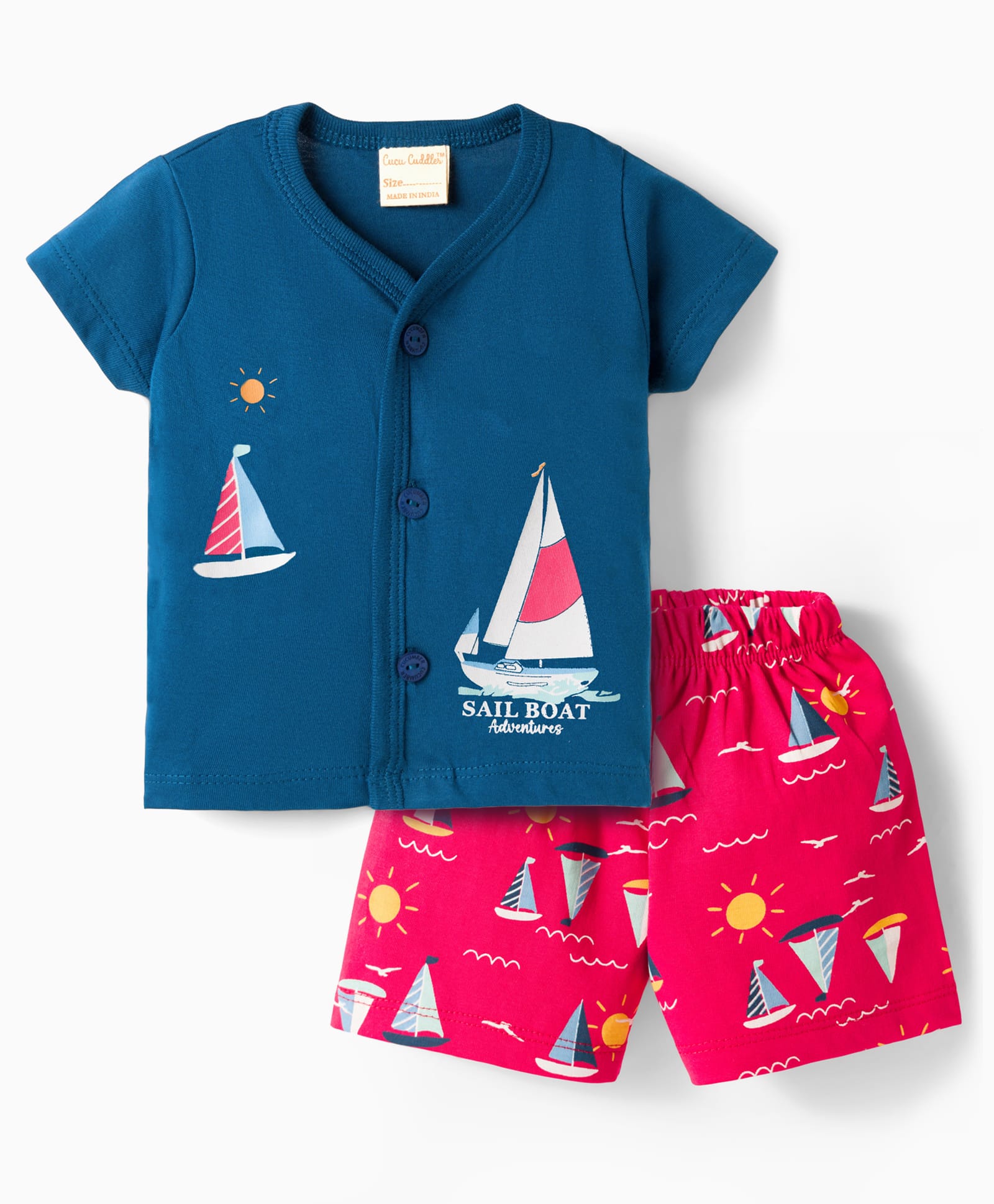 CUCUMBER Knitted Half Sleeves T-Shirt & Shorts Night Suit With Nautical Theme Print - Navy Blue-picture-40