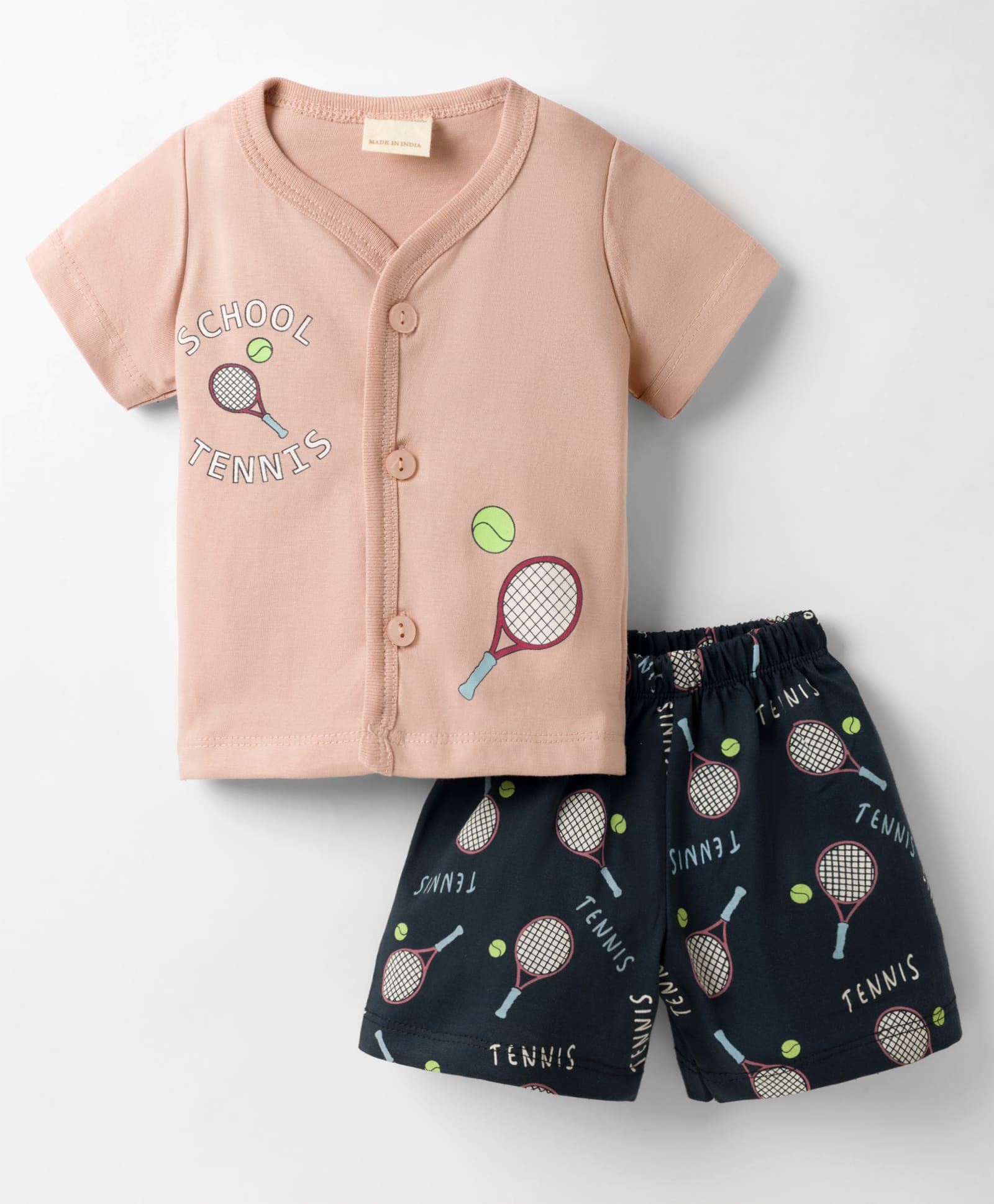 CUCUMBER Knitted Half Sleeves Tennis Theme Printed T-Shirt & Shorts Night Suit Set - Rose Gold-image-44