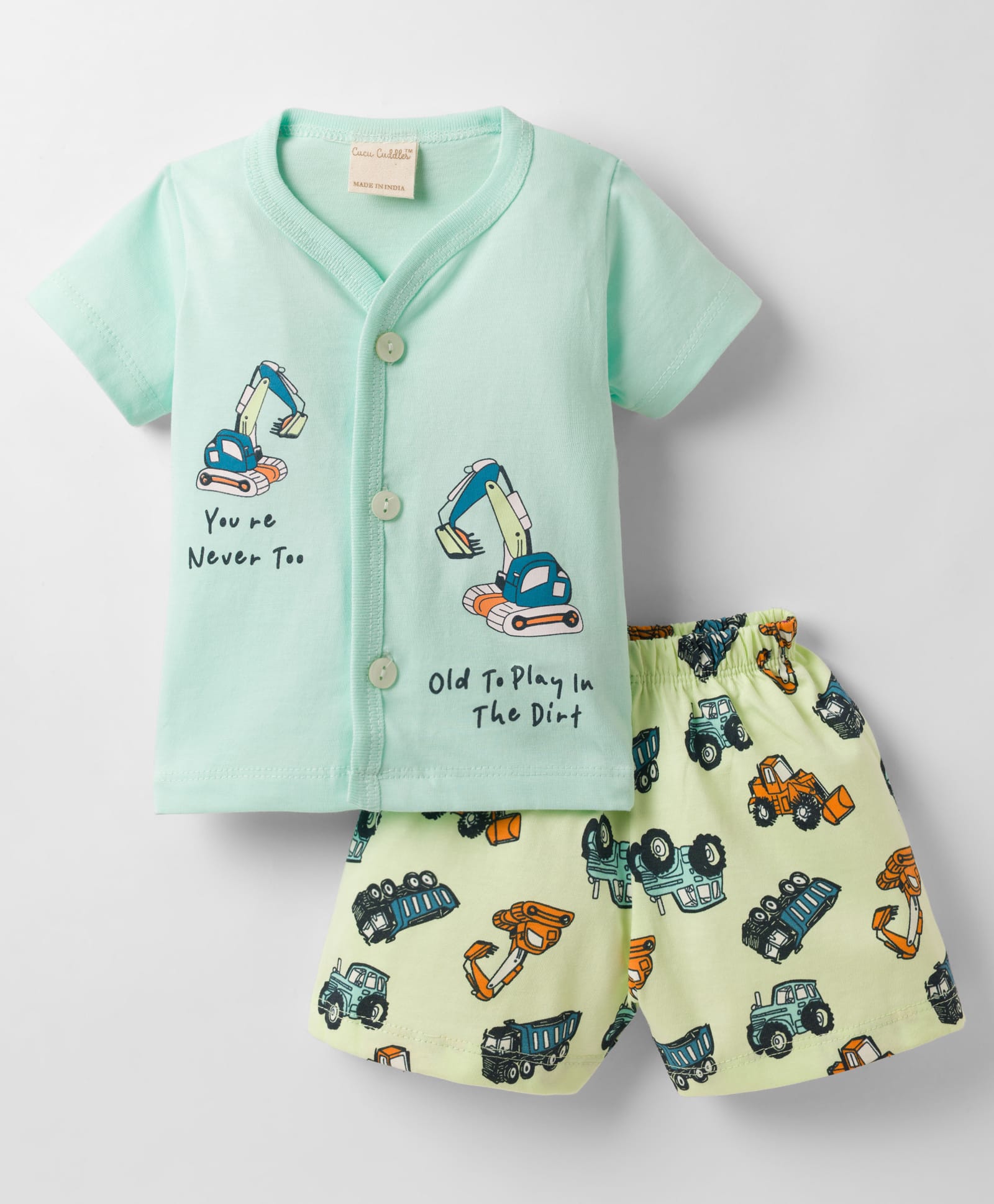 CUCUMBER Knitted Half Sleeves Construction Theme Printed T-Shirt & Shorts Night Suit - Turquoise-image-21