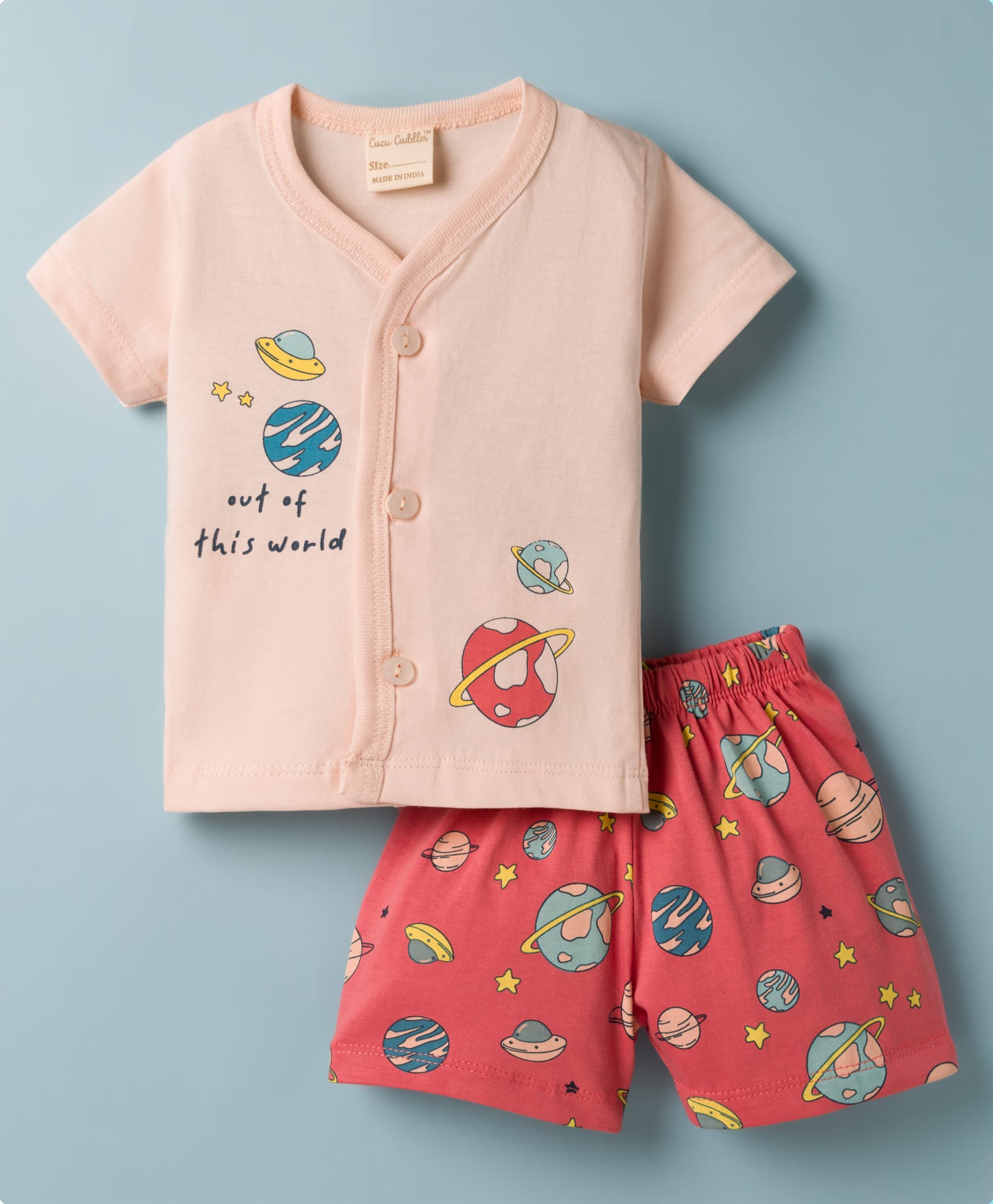 CUCUMBER Knitted Half Sleeves T-Shirt & Shorts Night Suit With Space Theme Print - Pink-picture-26