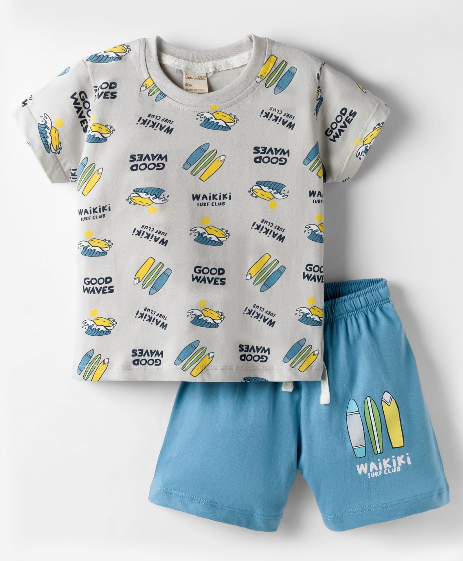 CUCUMBER Knitted Half Sleeves Beach Theme Printed T-Shirt & Shorts Night Suit - Grey-image-48
