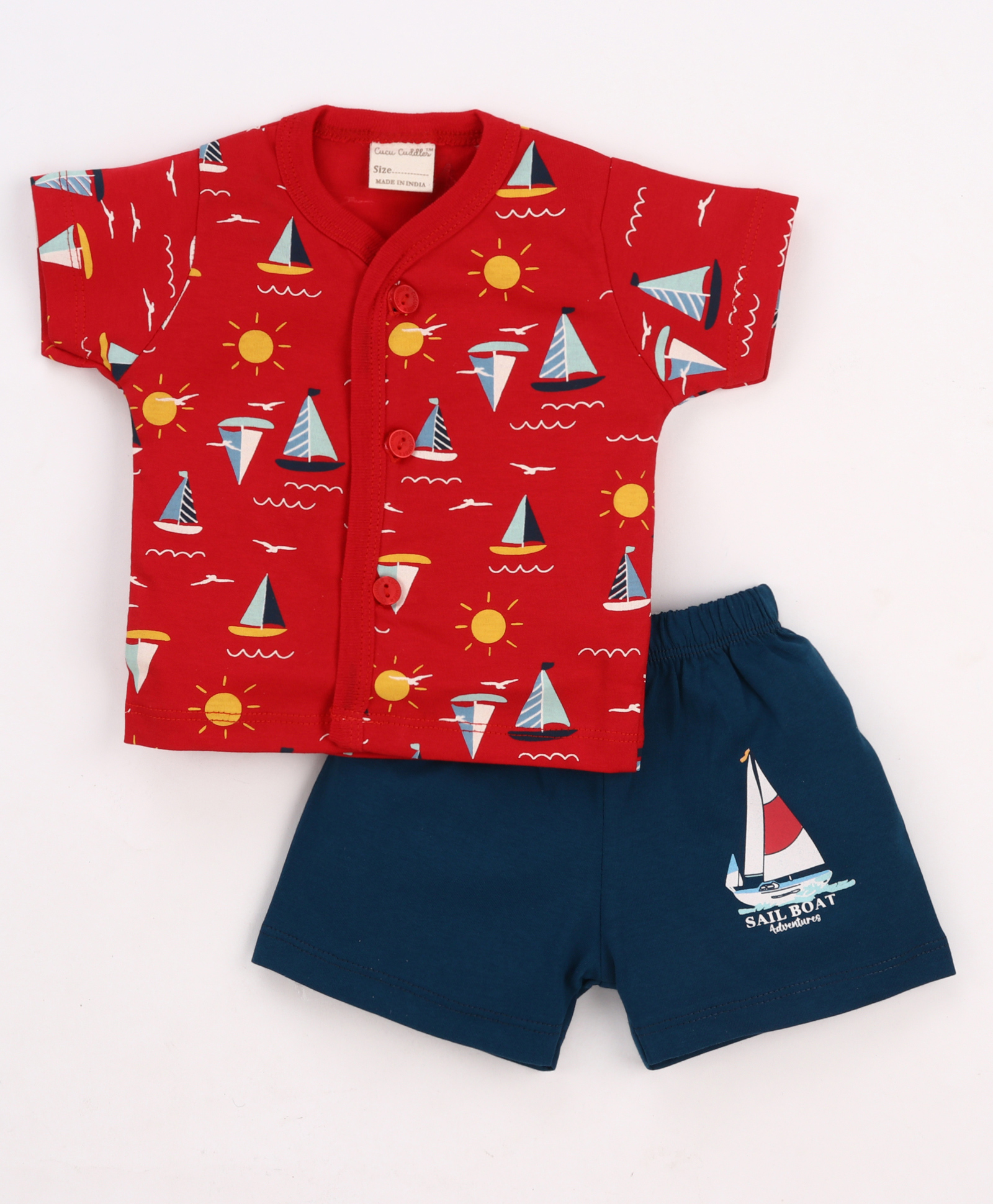 CUCUMBER Knitted Half Sleeves Nautical Theme Printed T-Shirt & Shorts Night Suit - Red-image-19