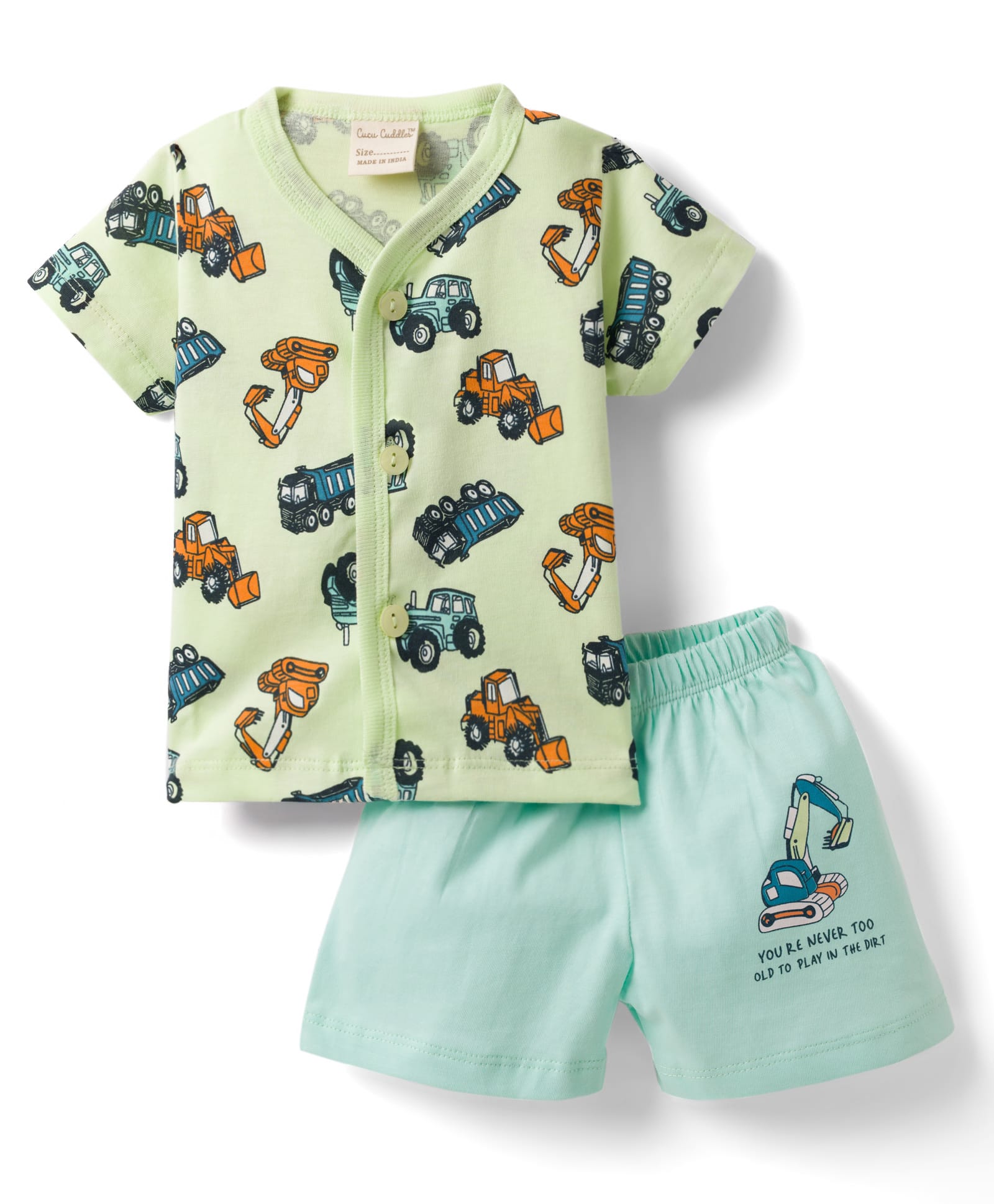 CUCUMBER Knitted Half Sleeves Construction Vehicles Printed T-Shirt & Shorts Night Suit Set - Light Green-picture-17