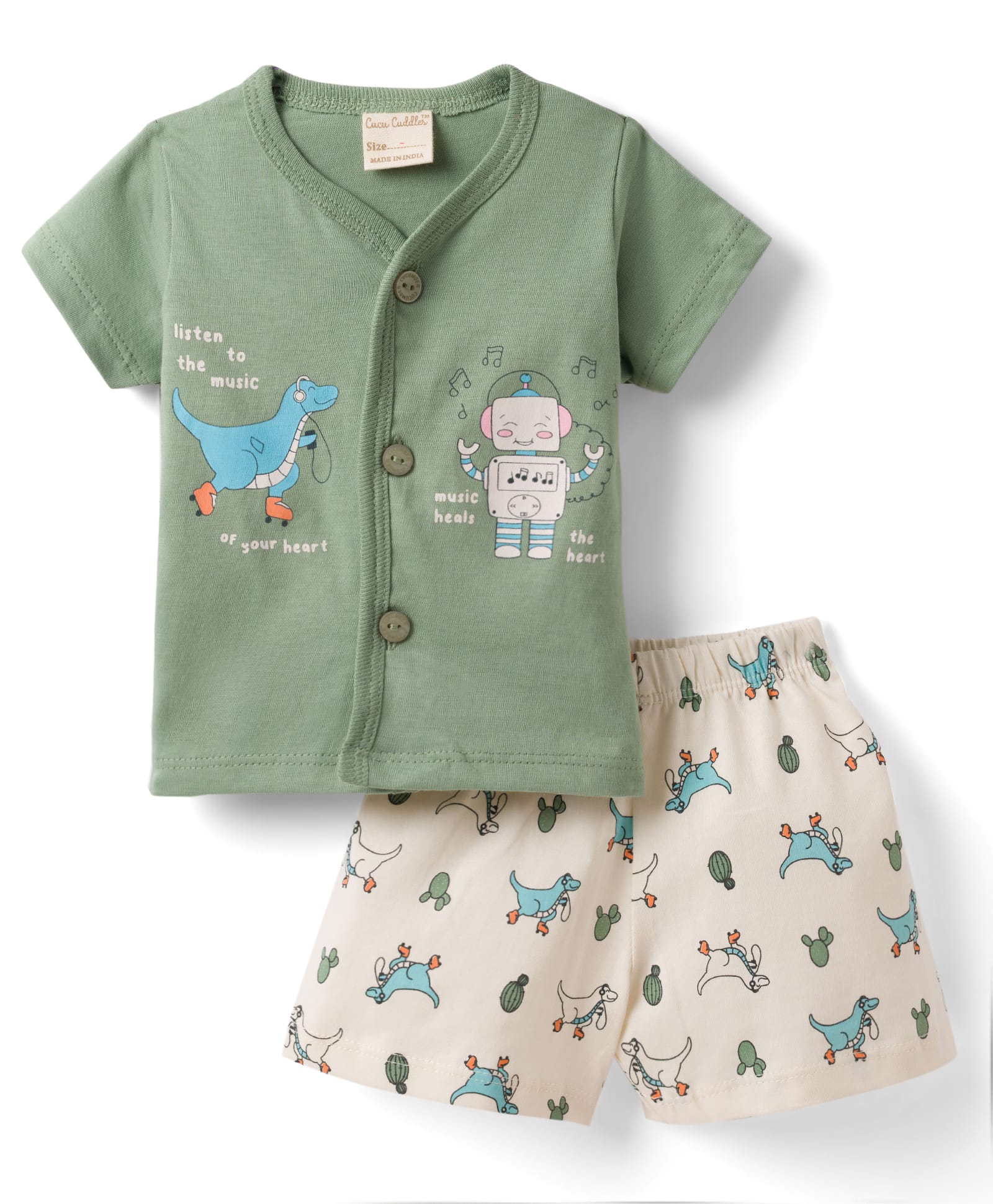 CUCUMBER Knitted Half Sleeves Dino Printed T-Shirt & Shorts Night Suit Set - Light Green-picture-37