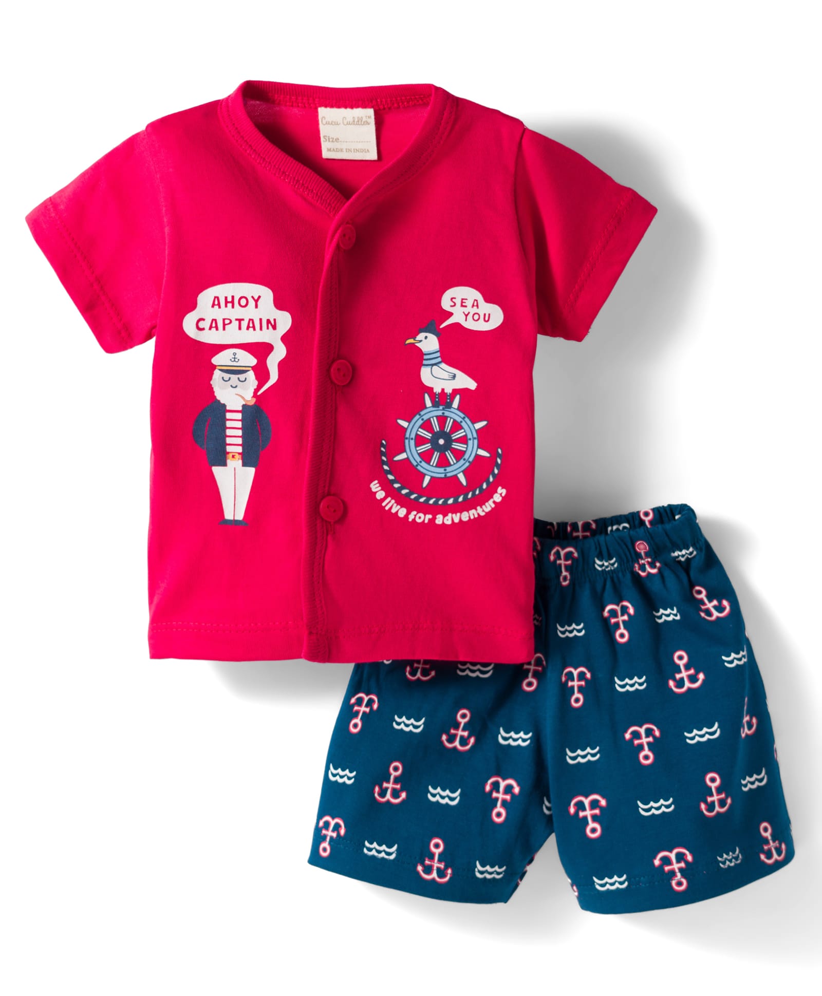 CUCUMBER Knitted Half Sleeves Nautical Theme Printed T-Shirt & Shorts Night Suit Set - Red-picture-36