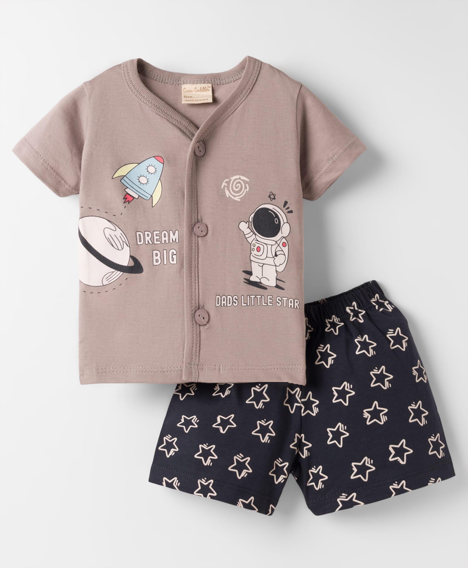 CUCUMBER Knitted Half Sleeves T-Shirt & Shorts Night Suit With Space Theme Print - Grey-image-35