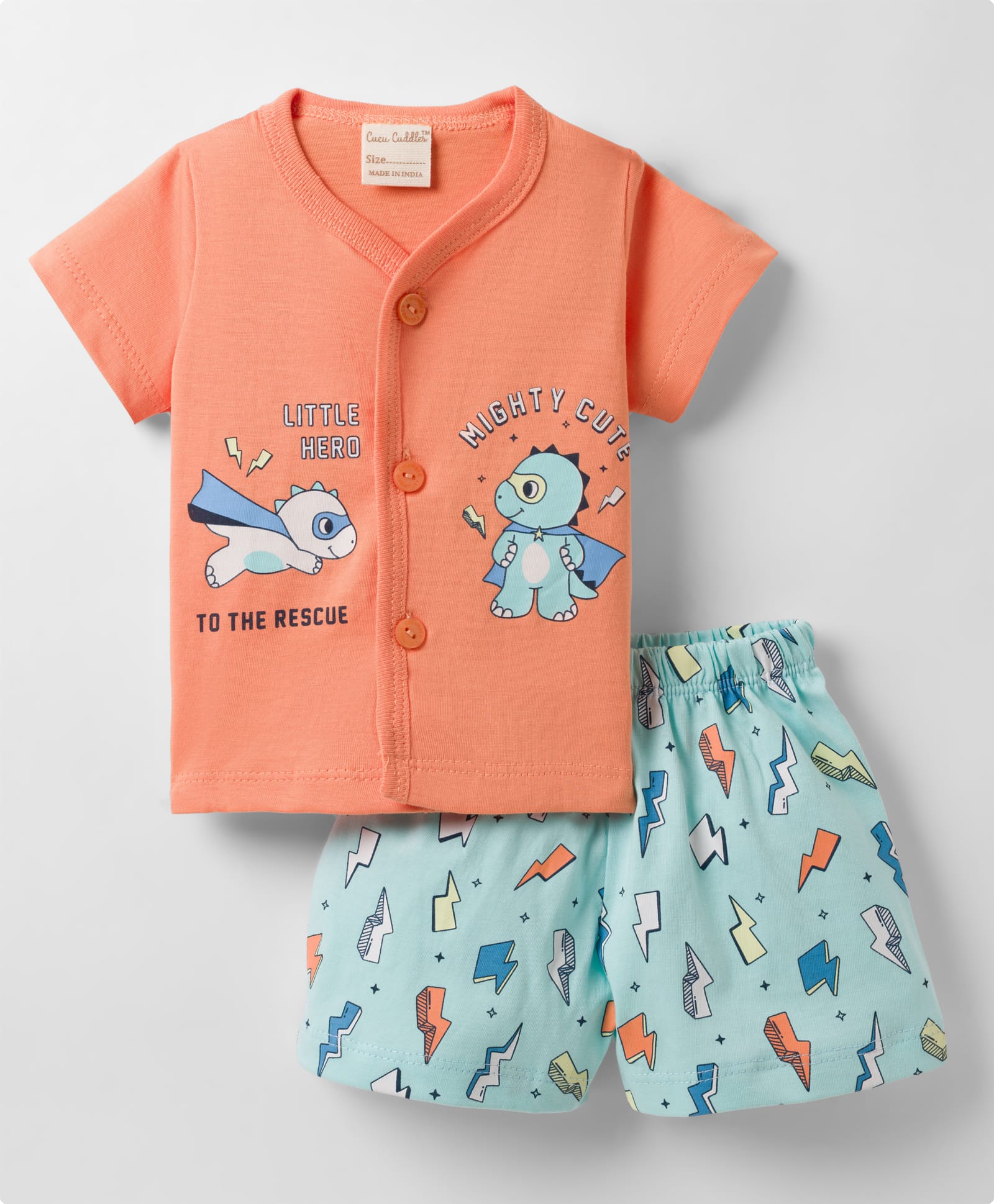 CUCUMBER Knitted Half Sleeves T-Shirt & Shorts Night Suit With Dino Print - Orange-picture-30