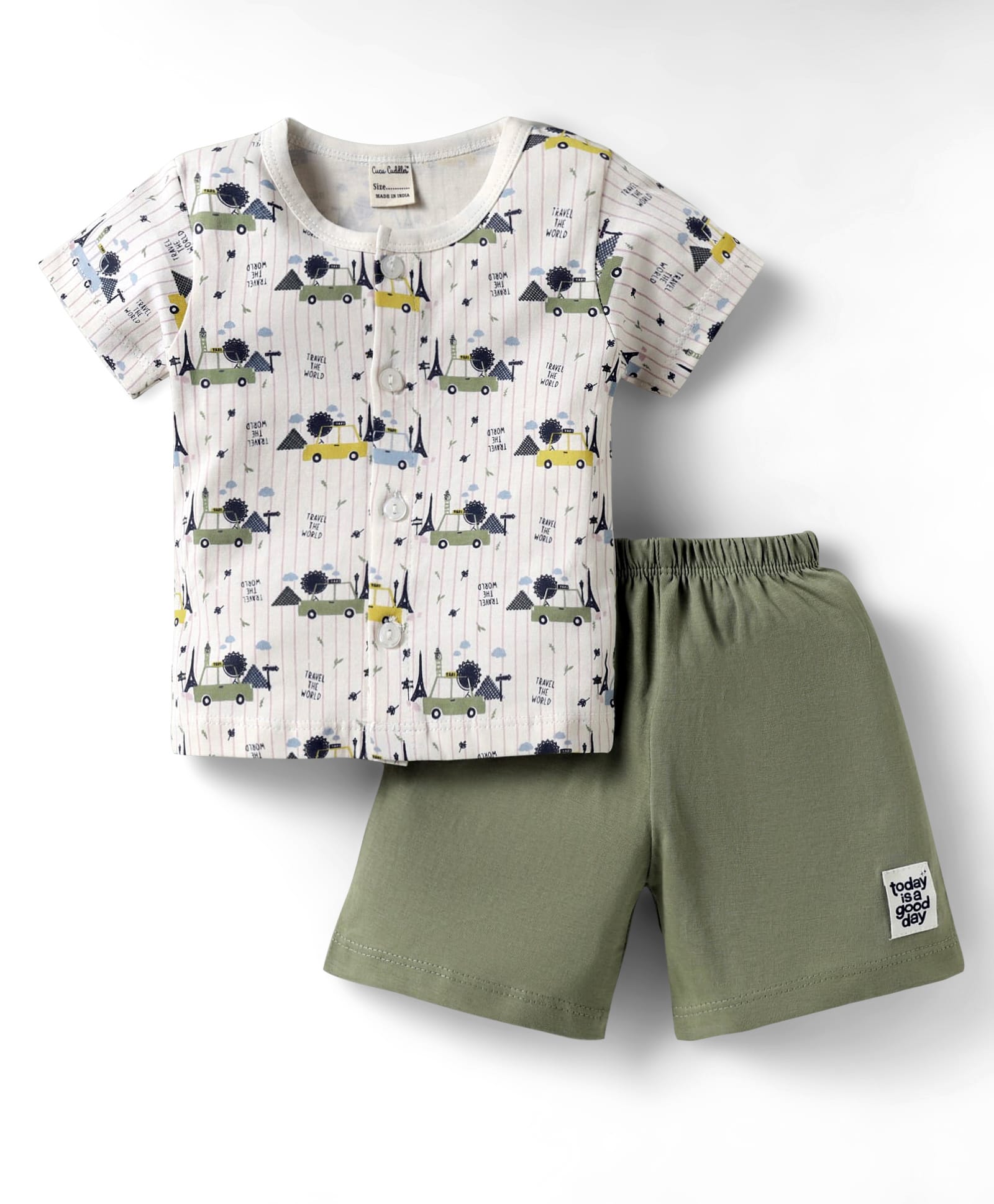 CUCUMBER knitted Half Sleeves T-Shirt & Shorts Night Suit With Vehicle Print - Cream-image-23
