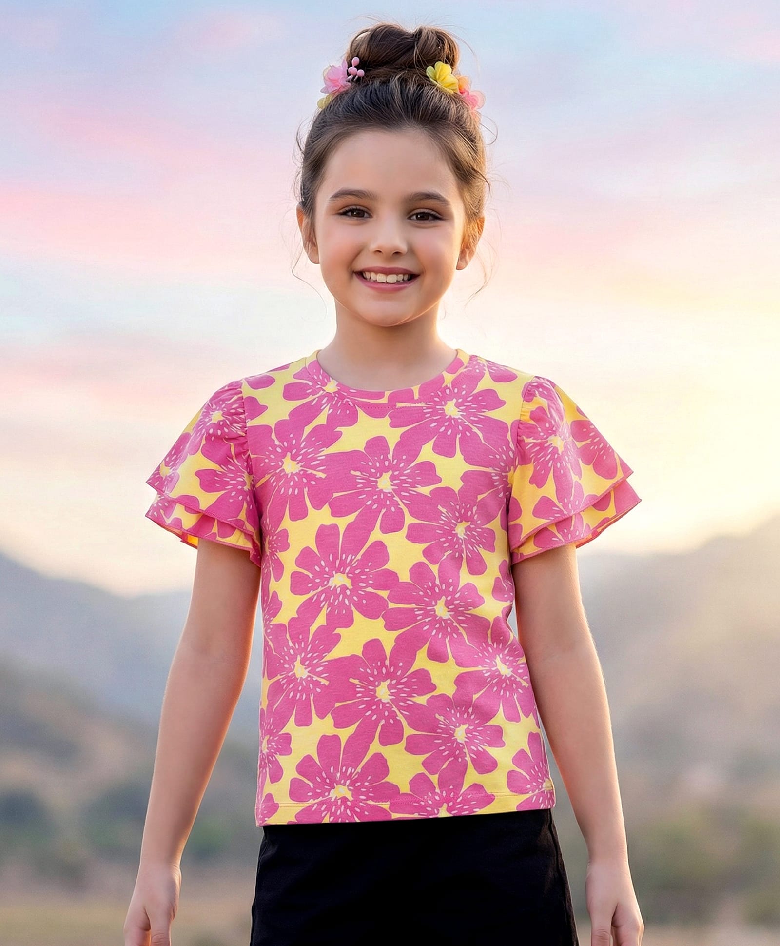 Pine Kids Cotton Knit Half Flutter Sleeves Floral Printed Top - Pink & Yellow-image-4
