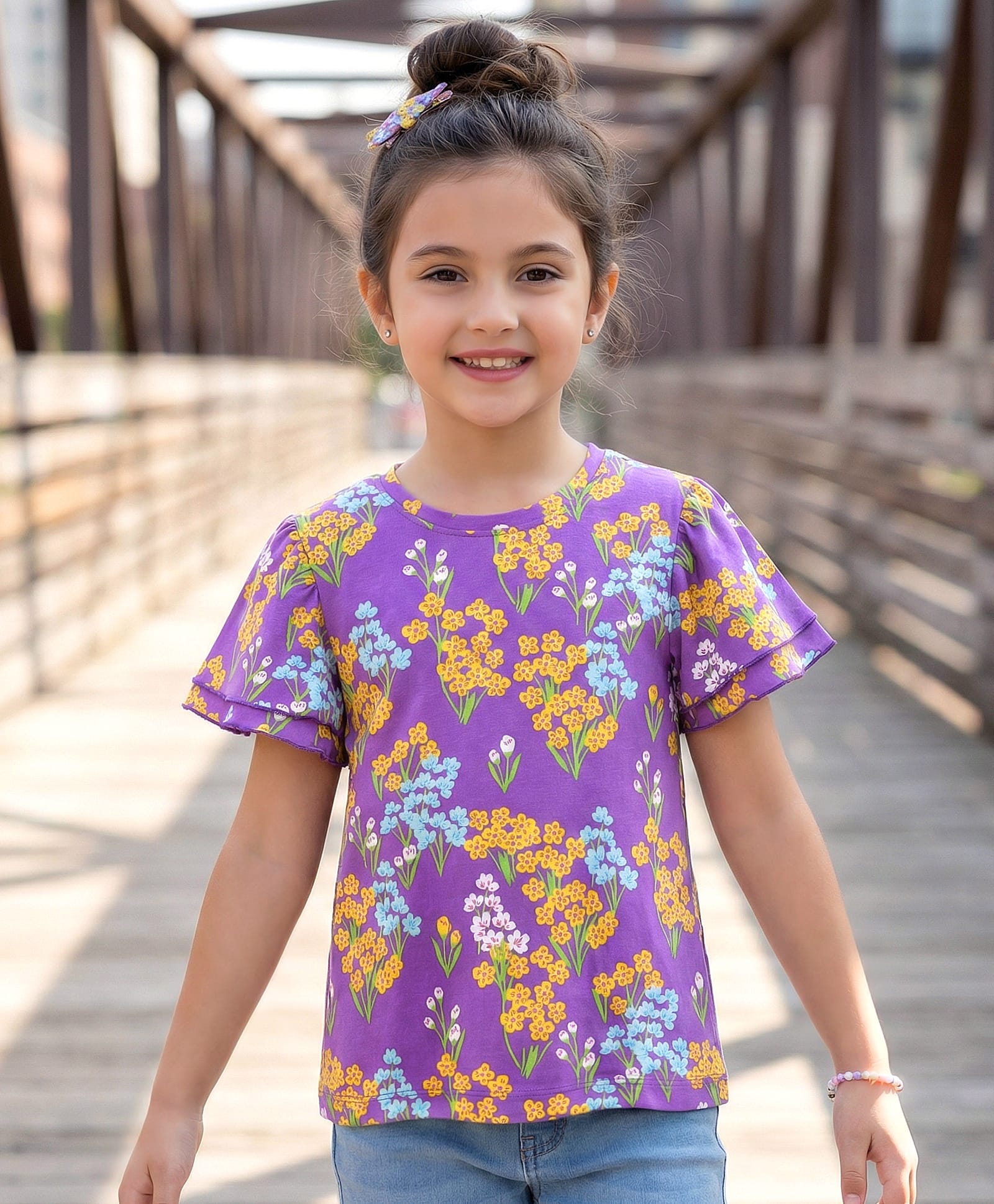 Pine Kids Cotton Knit Half Flutter Sleeves Floral Printed Top - Lilac, Blue & Yellow-image-26