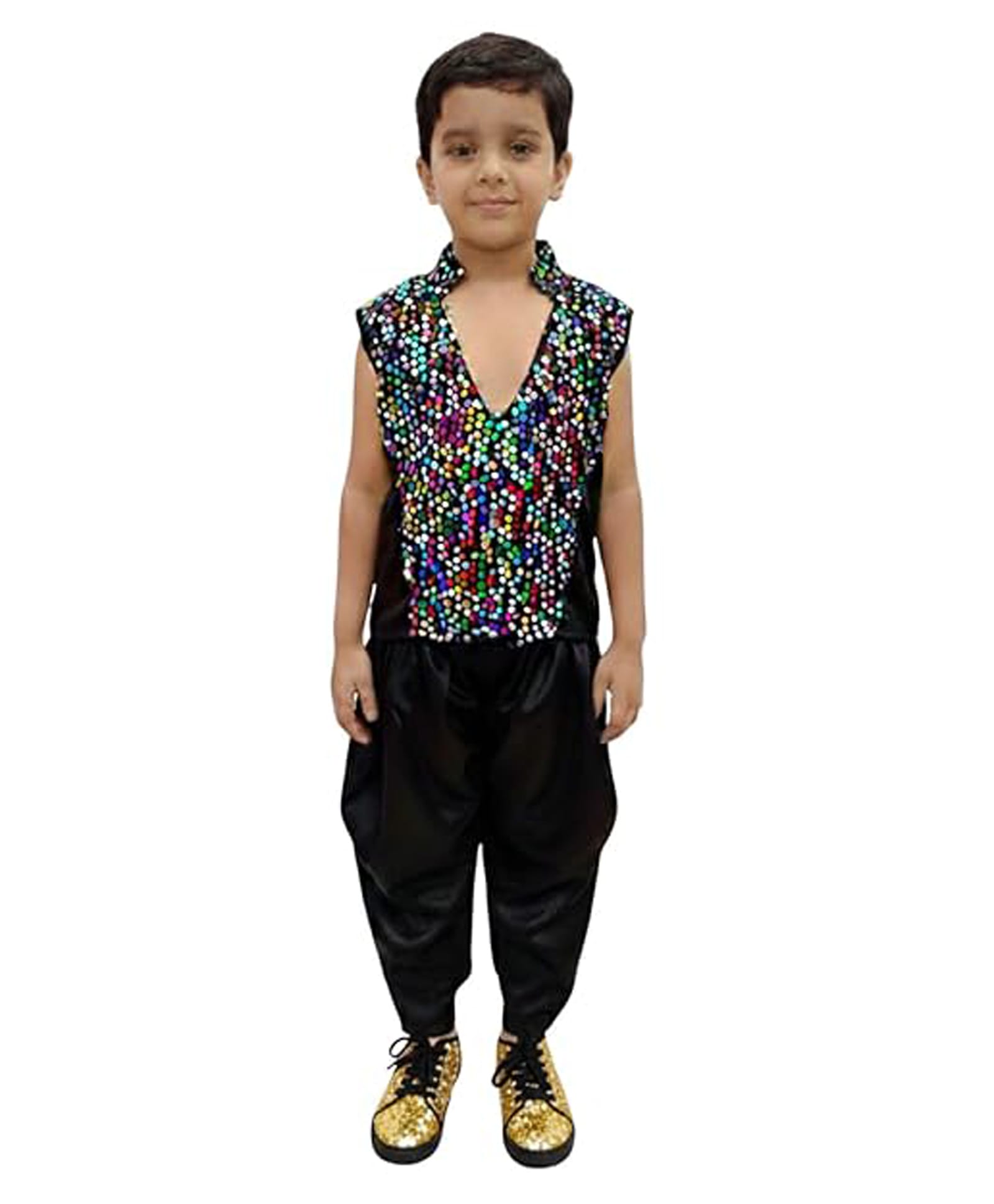 BookMyCostume Sleeveless Sequins Embellished Jacket & Dhoti Style Pant Fancy Dress Costume Set - Black & Multi Colour-image-2