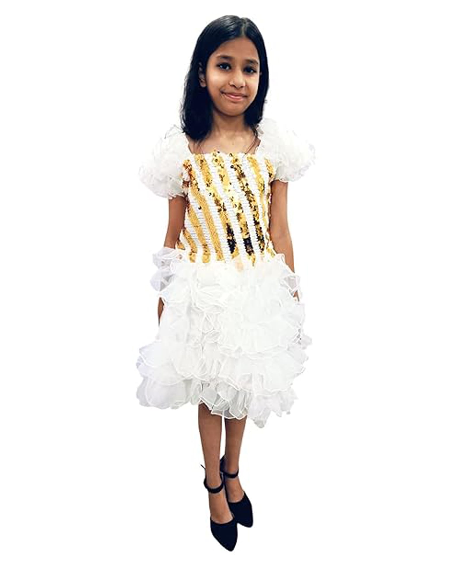 BookMyCostume Half Sleeves Sequins Embellished Frill Detailed Fancy Dress Costume - White & Golden-image-32