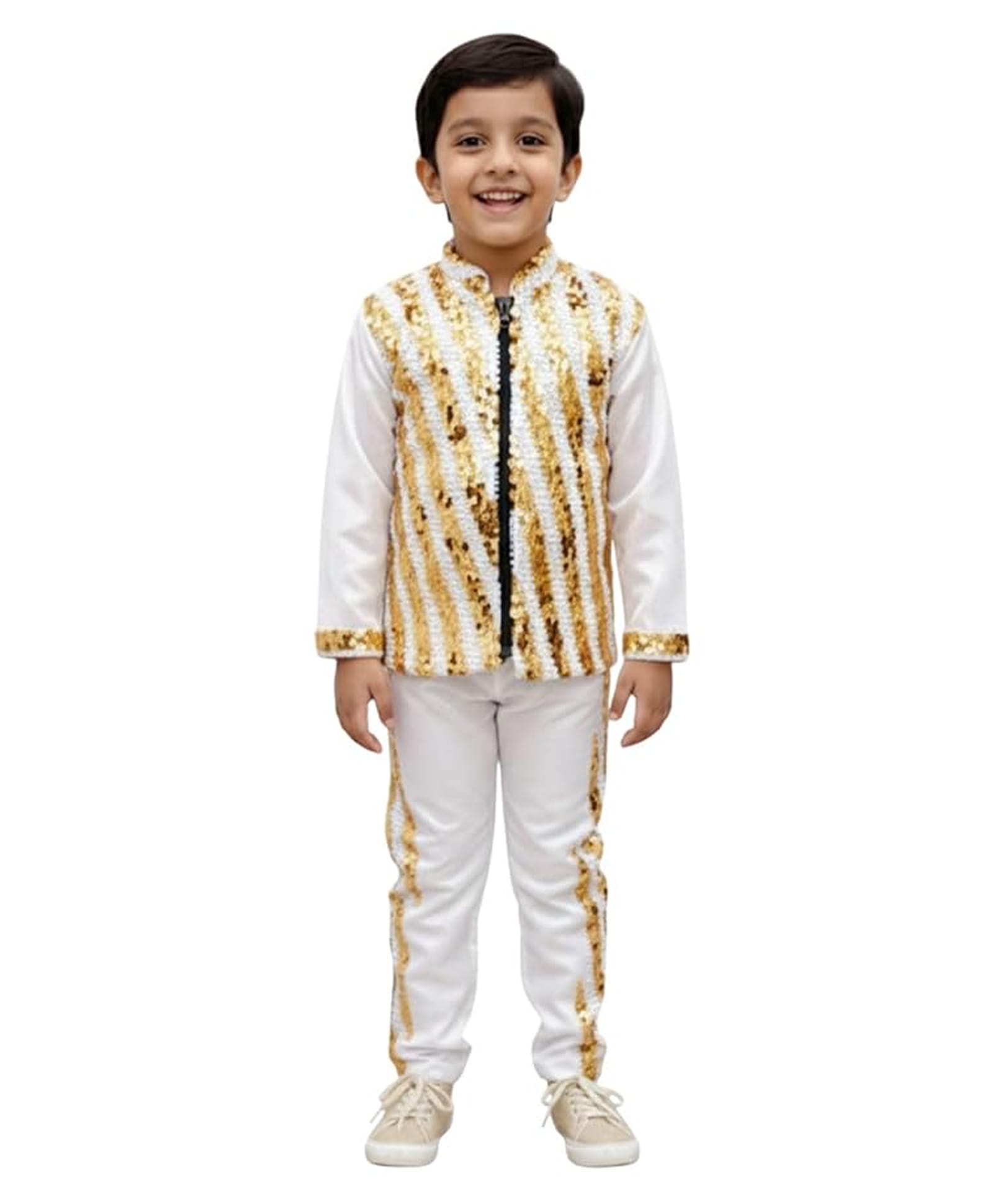 BookMyCostume Full Sleeves Fancy Dress Sequins Embellished Zip Closure Shirt & Pants Costume Set - White & Golden-image-5