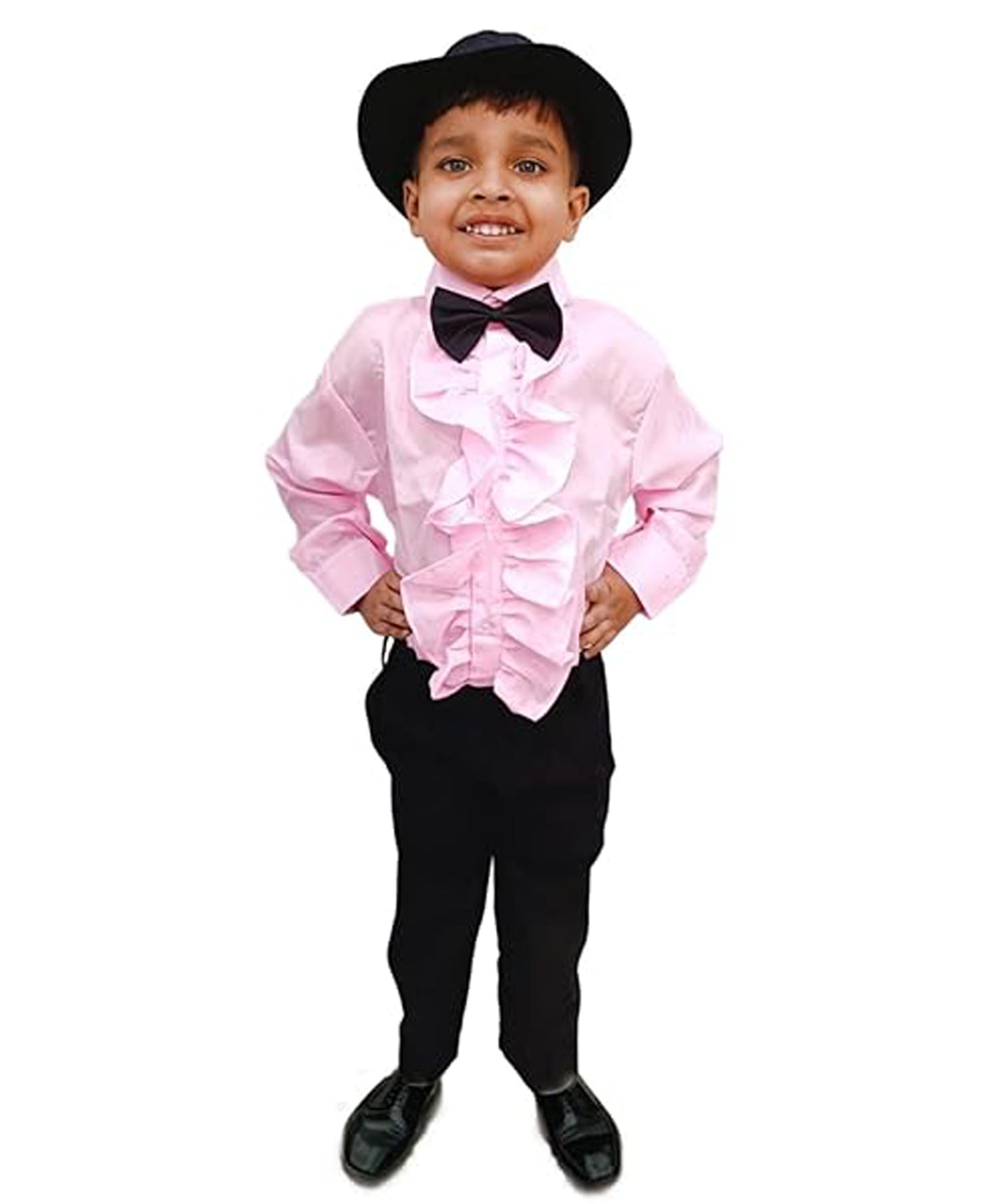 BookMyCostume Full Sleeves Fancy Dress Frill Detailed Shirt & Pants With Hat & Bow Costume Set - Pink & Black
