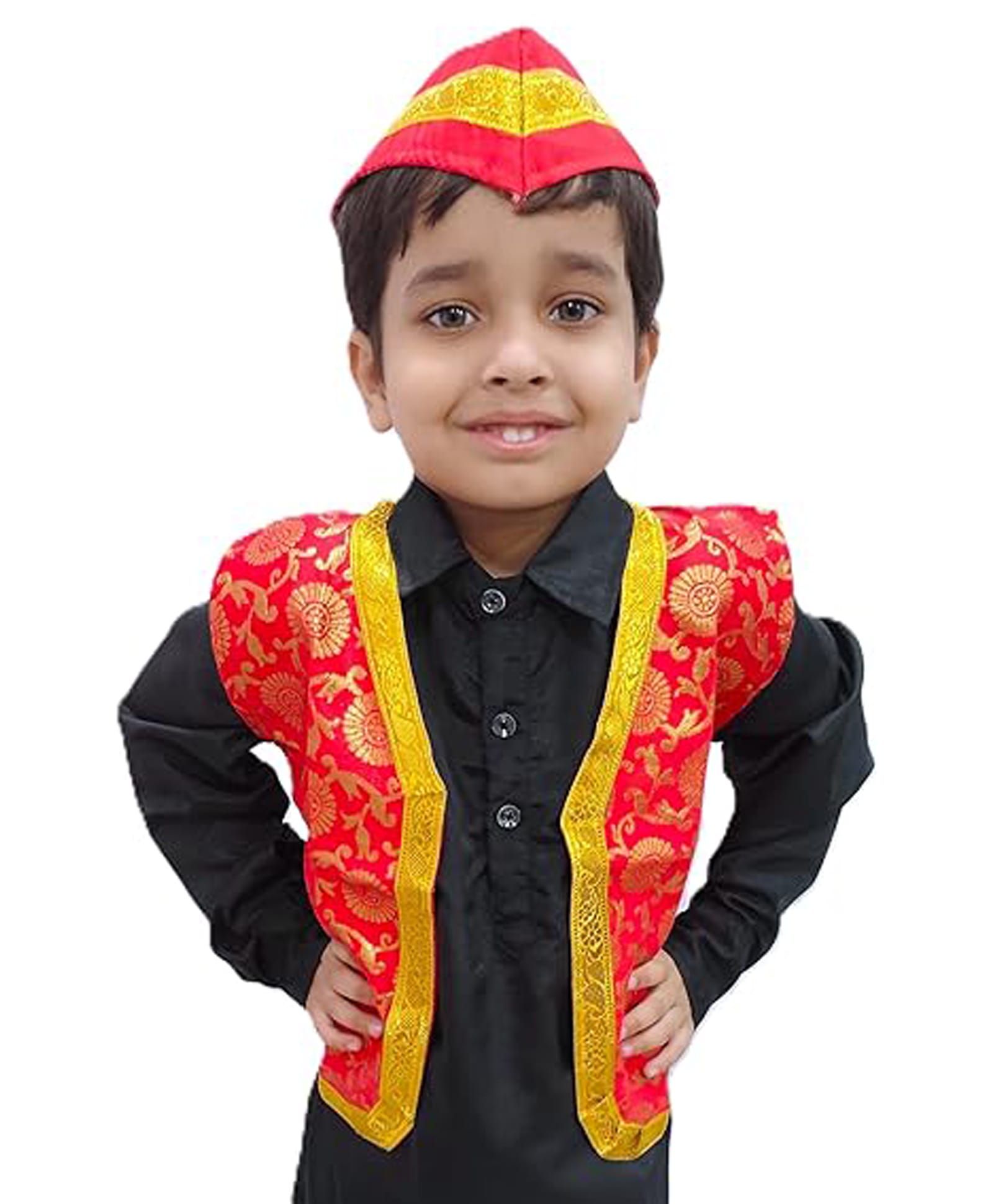 BookMyCostume Sleeveless Qawwali Jacket Fancy Dress Costume With Cap - Red & Gold-image-10