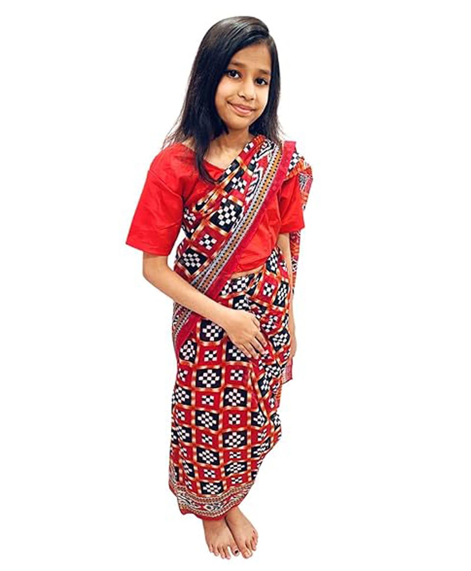 BookMyCostume Traditional Sambalpuri Fancy Dress Costume Set With Blouse - Red & Black-image-3