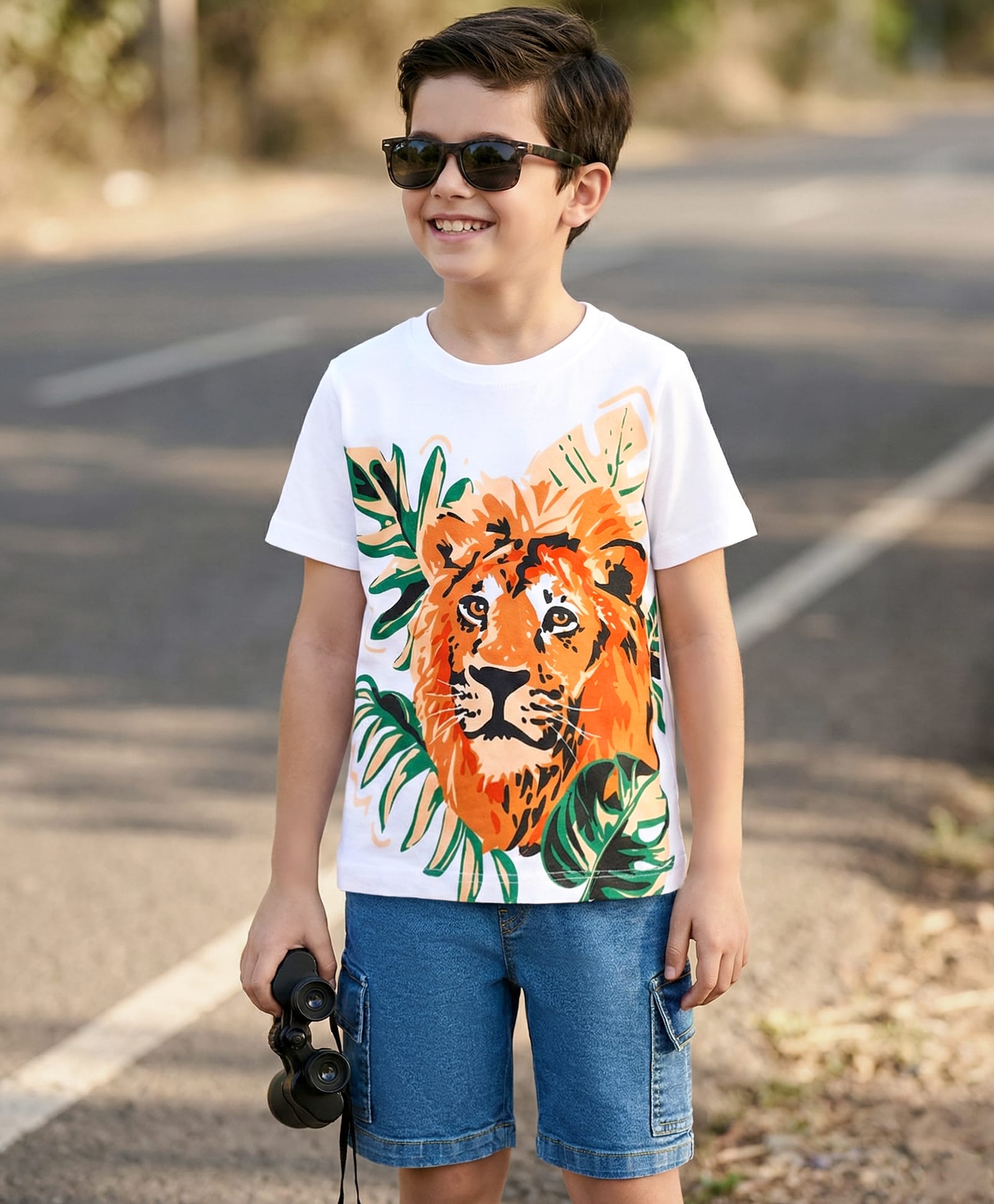 OLLINGTON ST. Cotton Knit Half Sleeves T-Shirt & Stretchable Denim Shorts Set - White & Blue-image-23