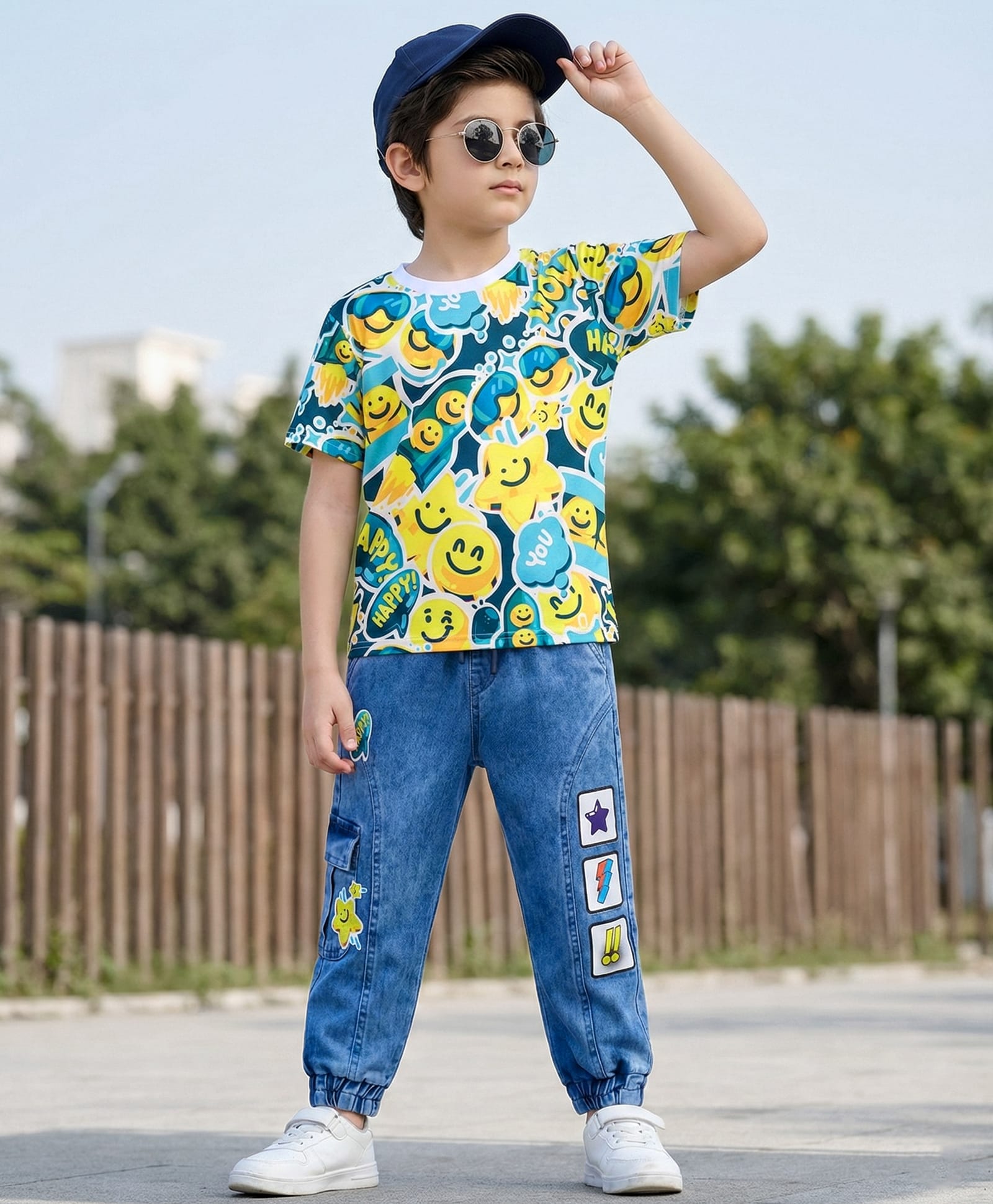 OLLINGTON ST. Cotton Knit Half Sleeves Printed T-Shirt & Stretchable Denim Joggers Set - Multicolour & Blue-image-14
