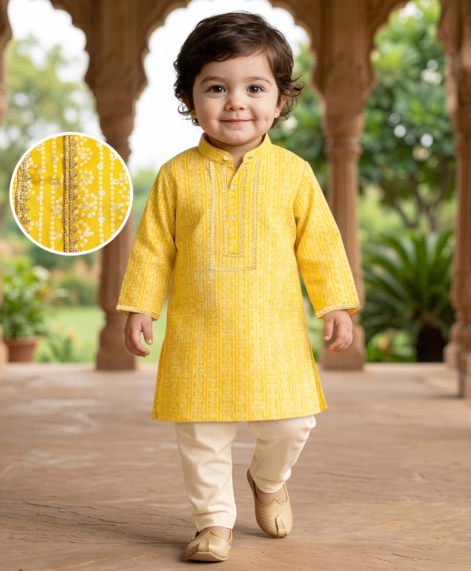 EARTHY TOUCH Woven Full Sleeves Kurta Pajama Set with Foil Print - Yellow-image-23