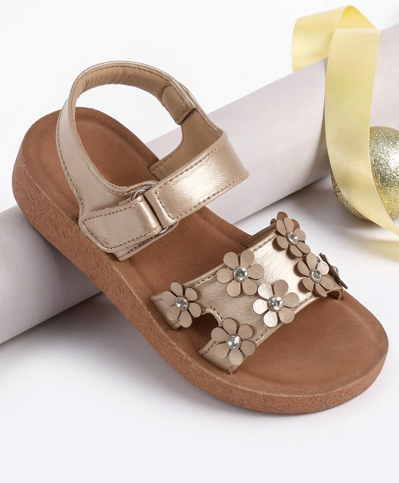 Pine Kids Velcro Closure Sandal With Floral Applique - Golden-picture-18