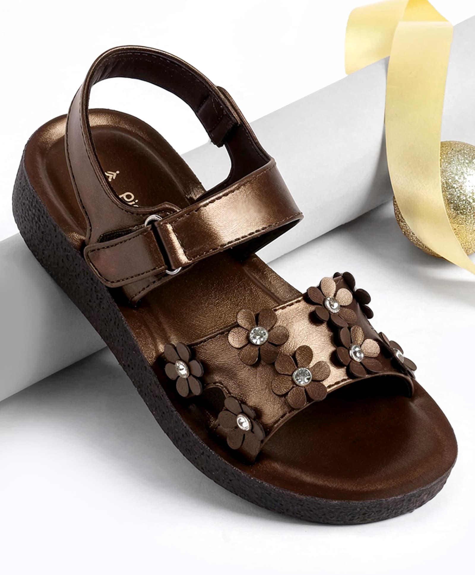 Pine Kids Velcro Closure Sandal With Floral Applique - Brown-picture-47