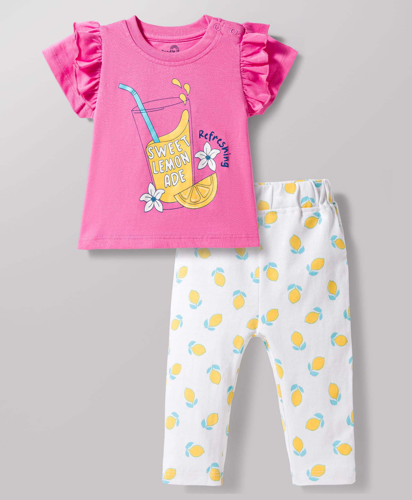 Doodle Poodle 100% Cotton Single Jersey Knit Half Sleeves Top & Leggings Set with Lemon Print - Pink & White-picture-10