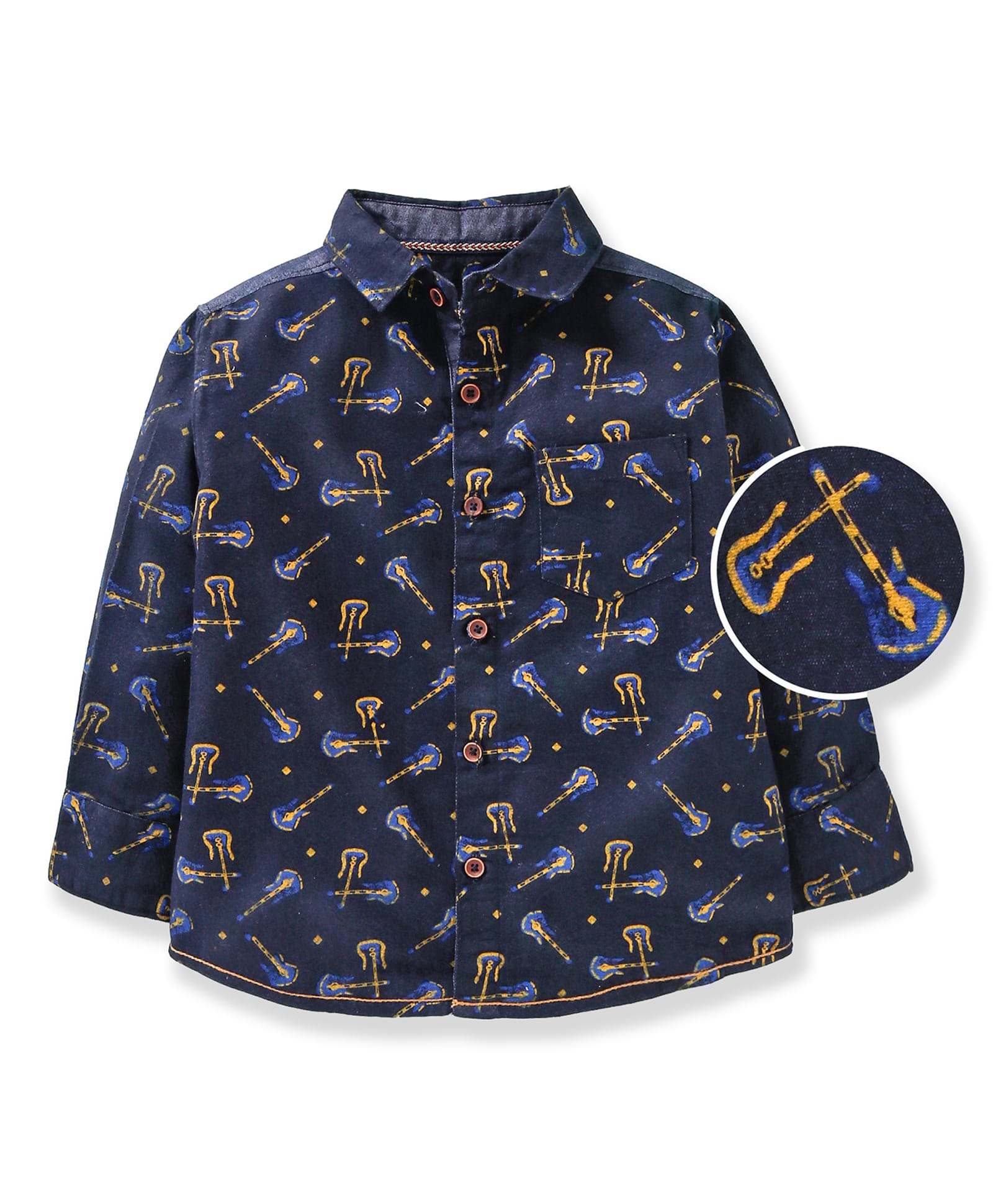 TONYBOY Denim Woven Full Sleeves Guitar Printed Shirt - Navy Blue-picture-10