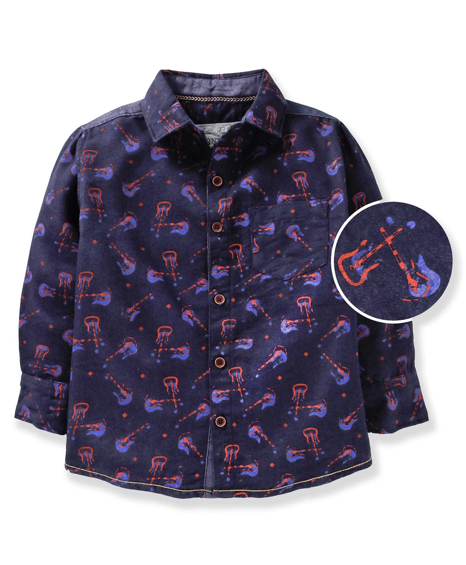 TONYBOY Denim Woven Full Sleeves Guitar Printed Shirt - Dark Blue-image-1