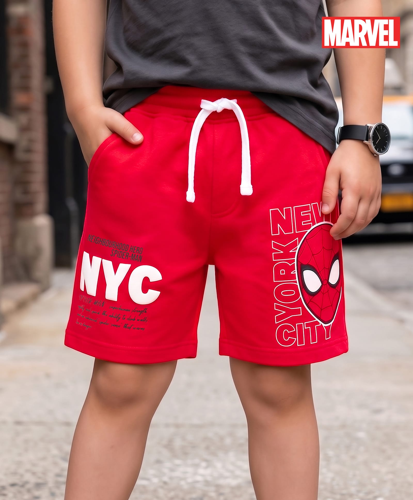 Honeyhap Marvel Terry Knit Knee Length Shorts With Spider-Man Graphic - Red-picture-14