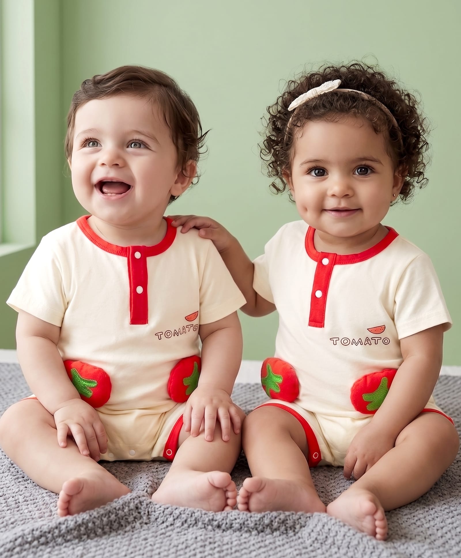 Mark & Mia Cotton Half Sleeves Romper with Tomato Applique - Beige-image-17