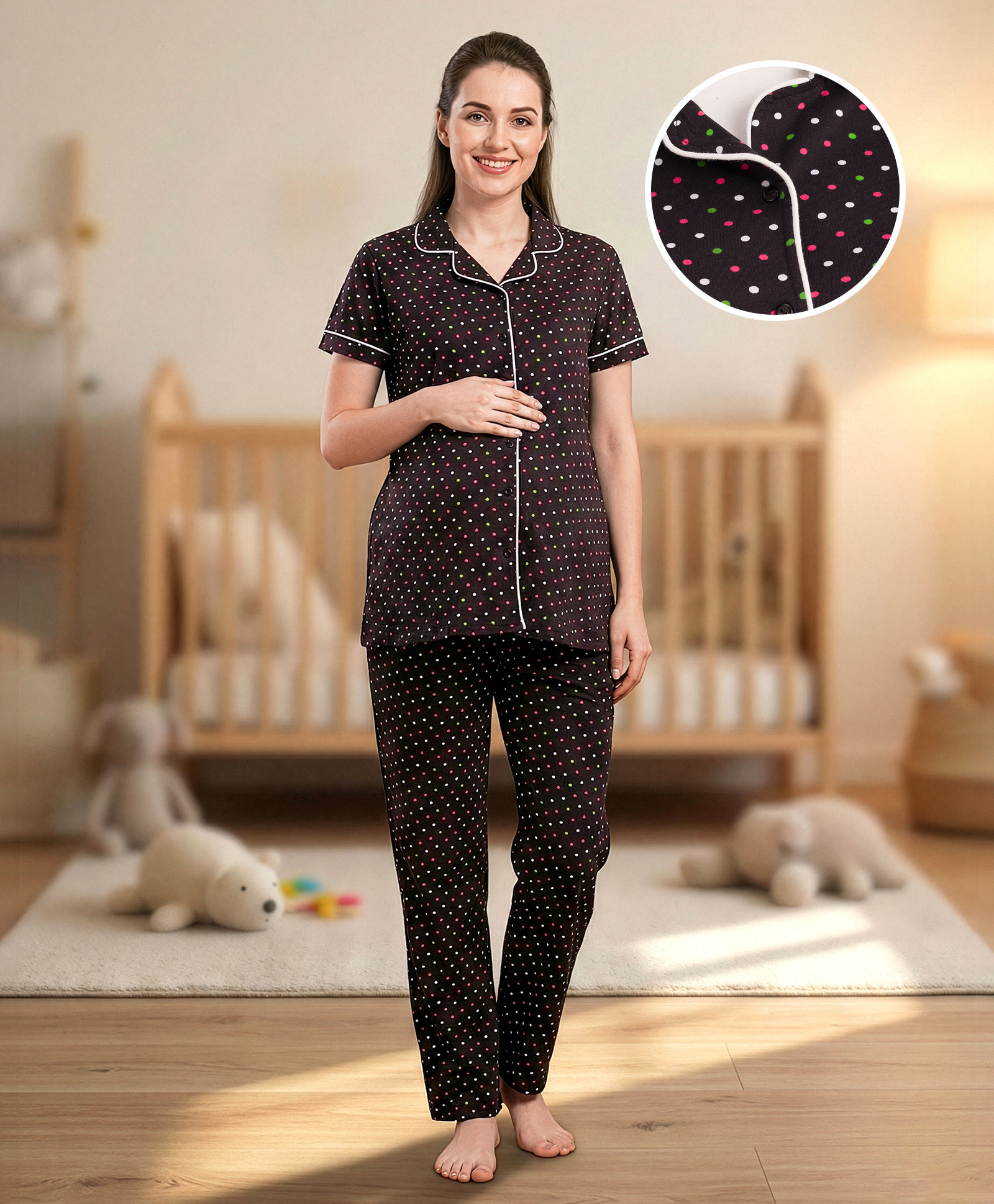 Bella Mama Cotton Knit Half Sleeves Nursing Night Suit With Polka Dot Print - Black-image-48