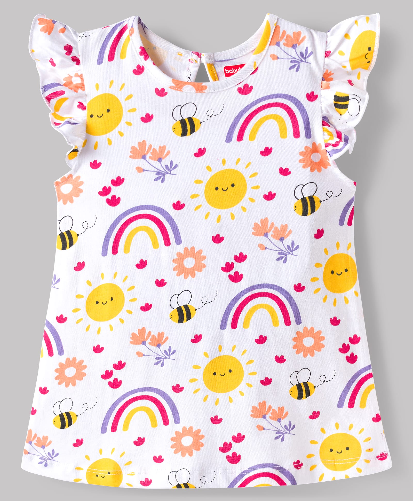 Babyhug Cotton Knit Sleeveless Knee Length Floral & Bees Printed Nighty -White-image-11