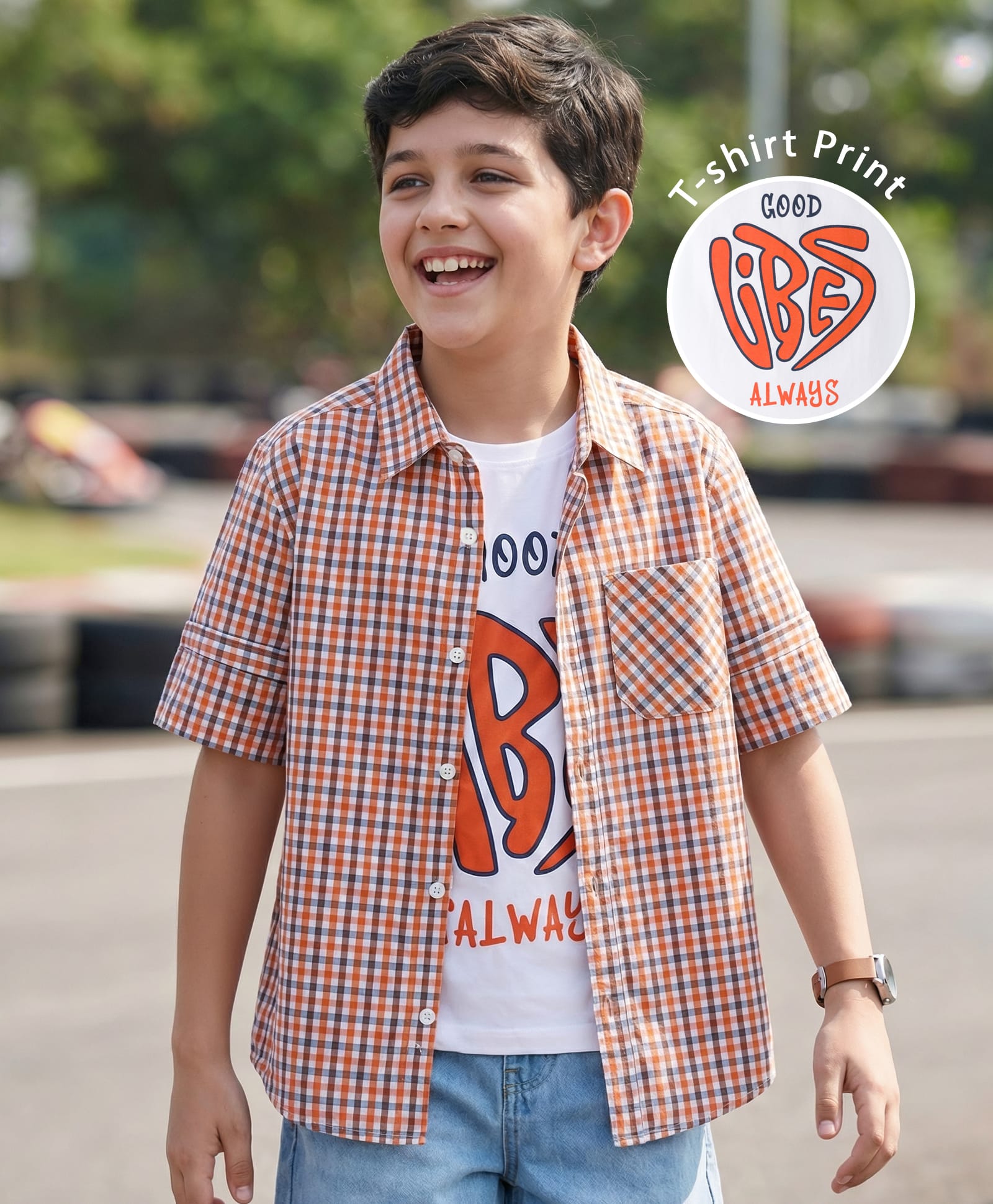 Pine Kids 100% Cotton Woven Full Sleeves Checks Shirt & Sleeveless Tank T-Shirt With Text Print - Multicolour-picture-37
