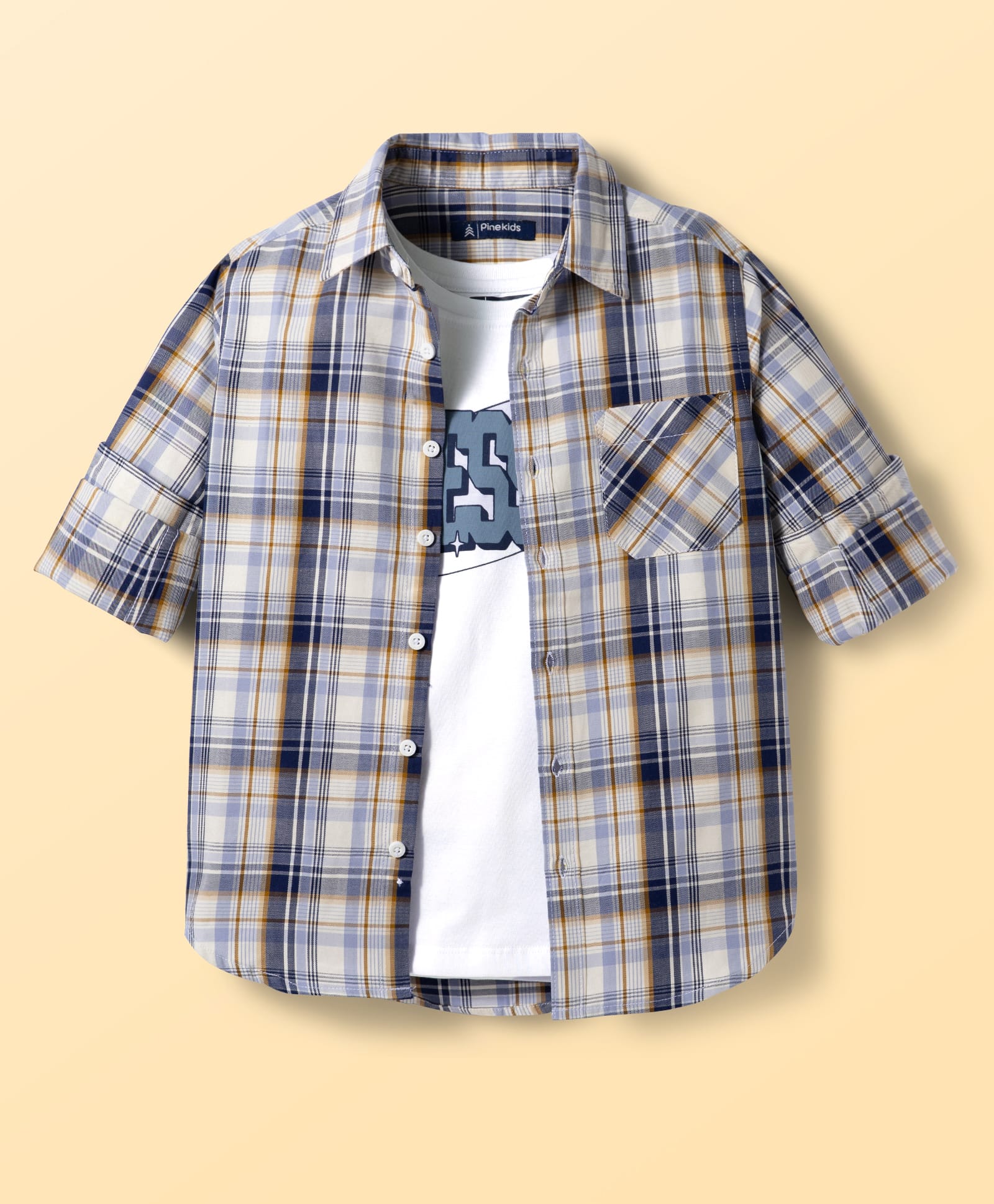 Pine Kids Cotton Woven Full Sleeves Checks Shirt With Printed Inner Tee - Multicolor