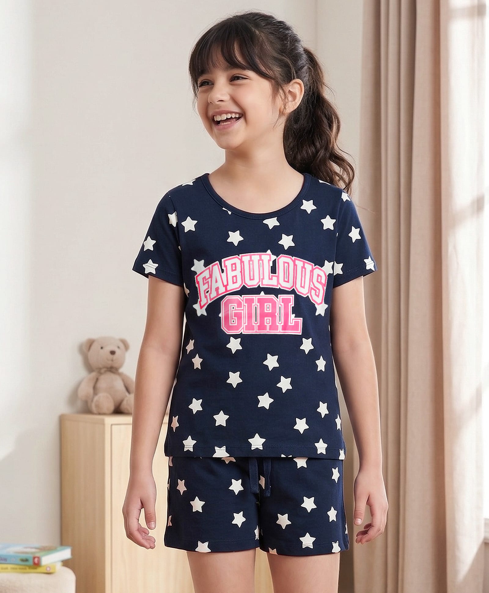 Pine Kids Single Jersey Knit Half Sleeves T-Shirt & Shorts Night-Suit With Star & Text Print - Blue-picture-34