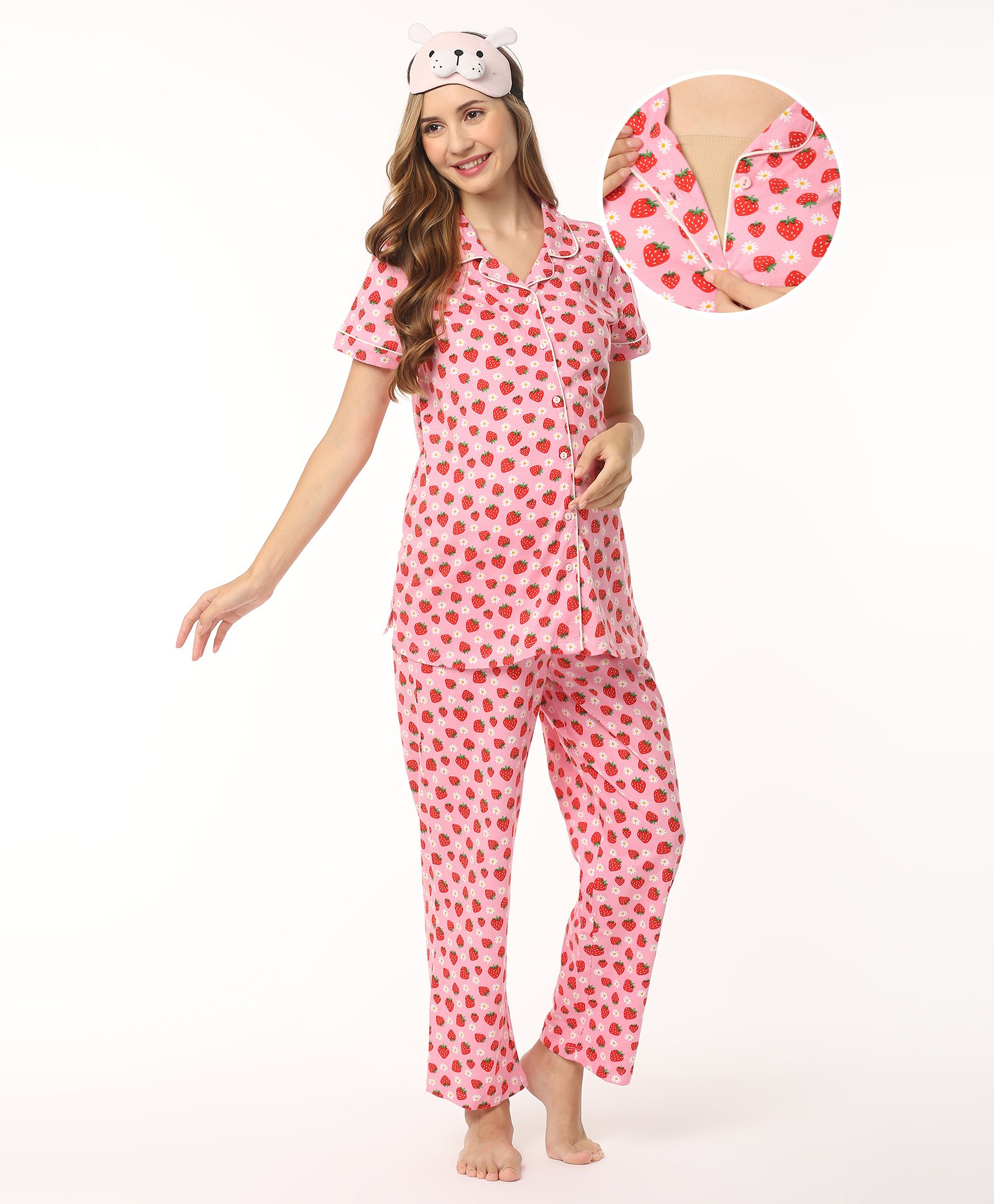 Bella Mama Cotton Knit Half Sleeves Front Open Nursing Night Suit with Strawberry Print - Pink-image-45