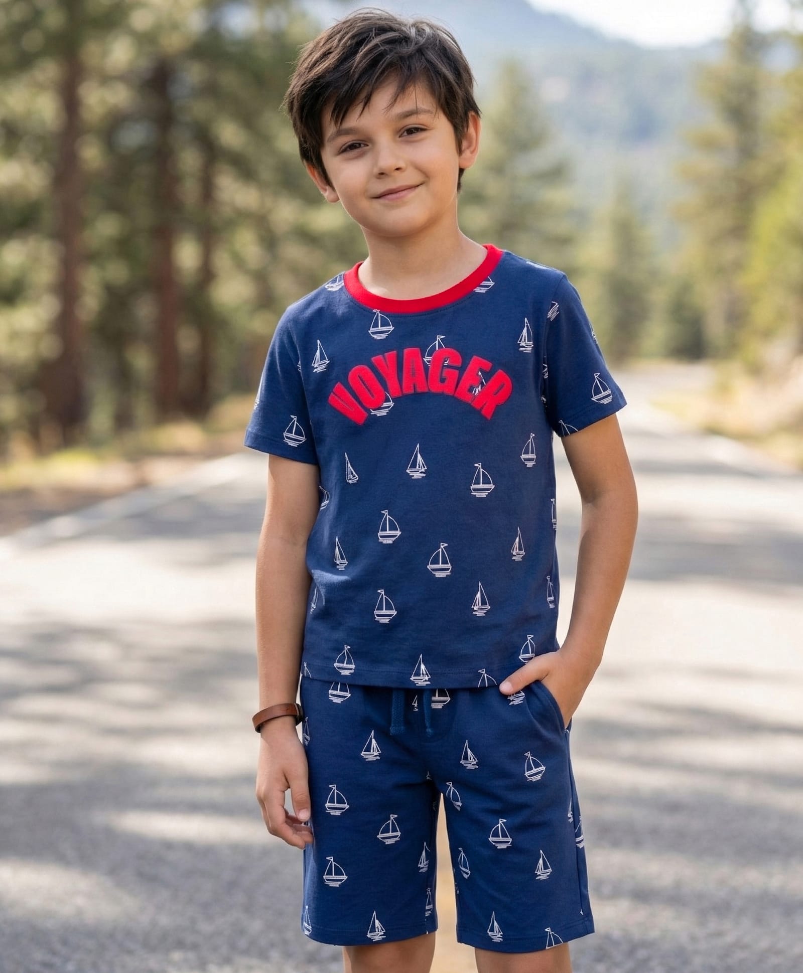 Pine Kids 100% Cotton Knit Half Sleeves Nautical Theme Printed Co-Ords T-Shirt & Shorts Night Suit - Navy Blue-image-45
