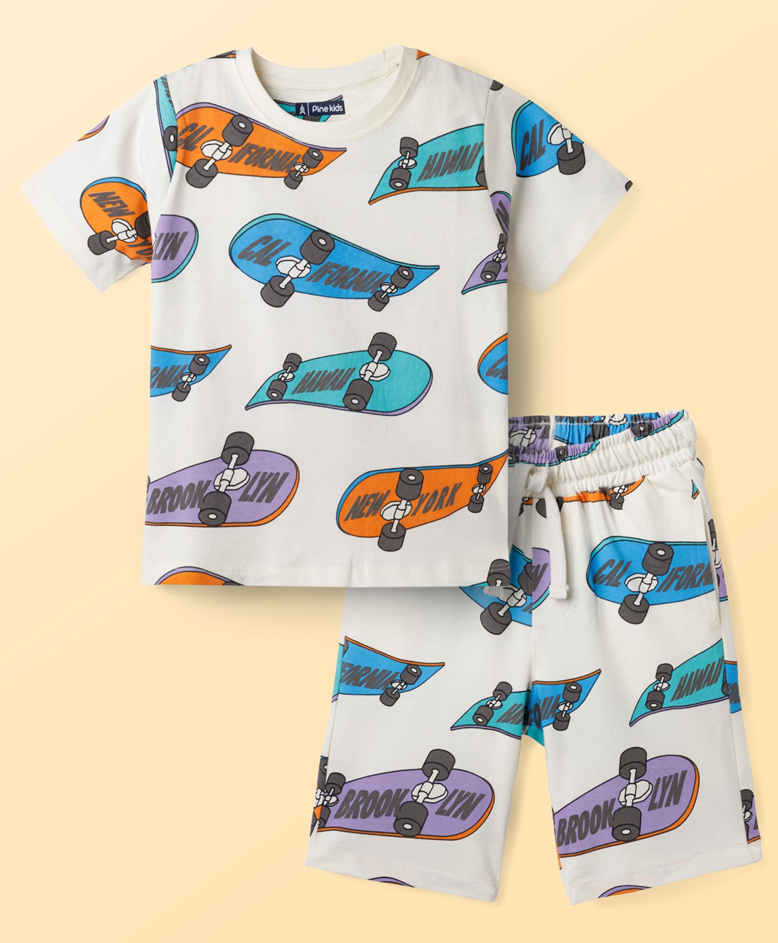 Pine Kids Single Jersey Knit Half Sleeves T-Shirt & Shorts Co-ord Night Suit With Skateboard Print - Off White