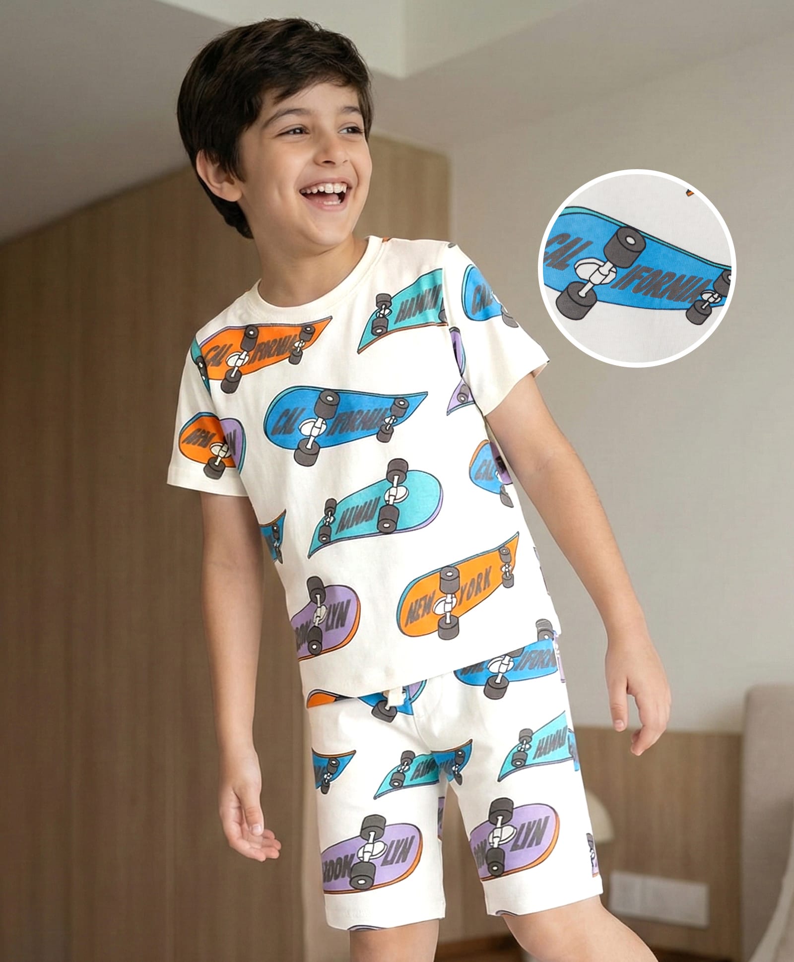 Pine Kids Single Jersey Knit Half Sleeves T-Shirt & Shorts Co-ord Night Suit With Skateboard Print - Off White-image-47